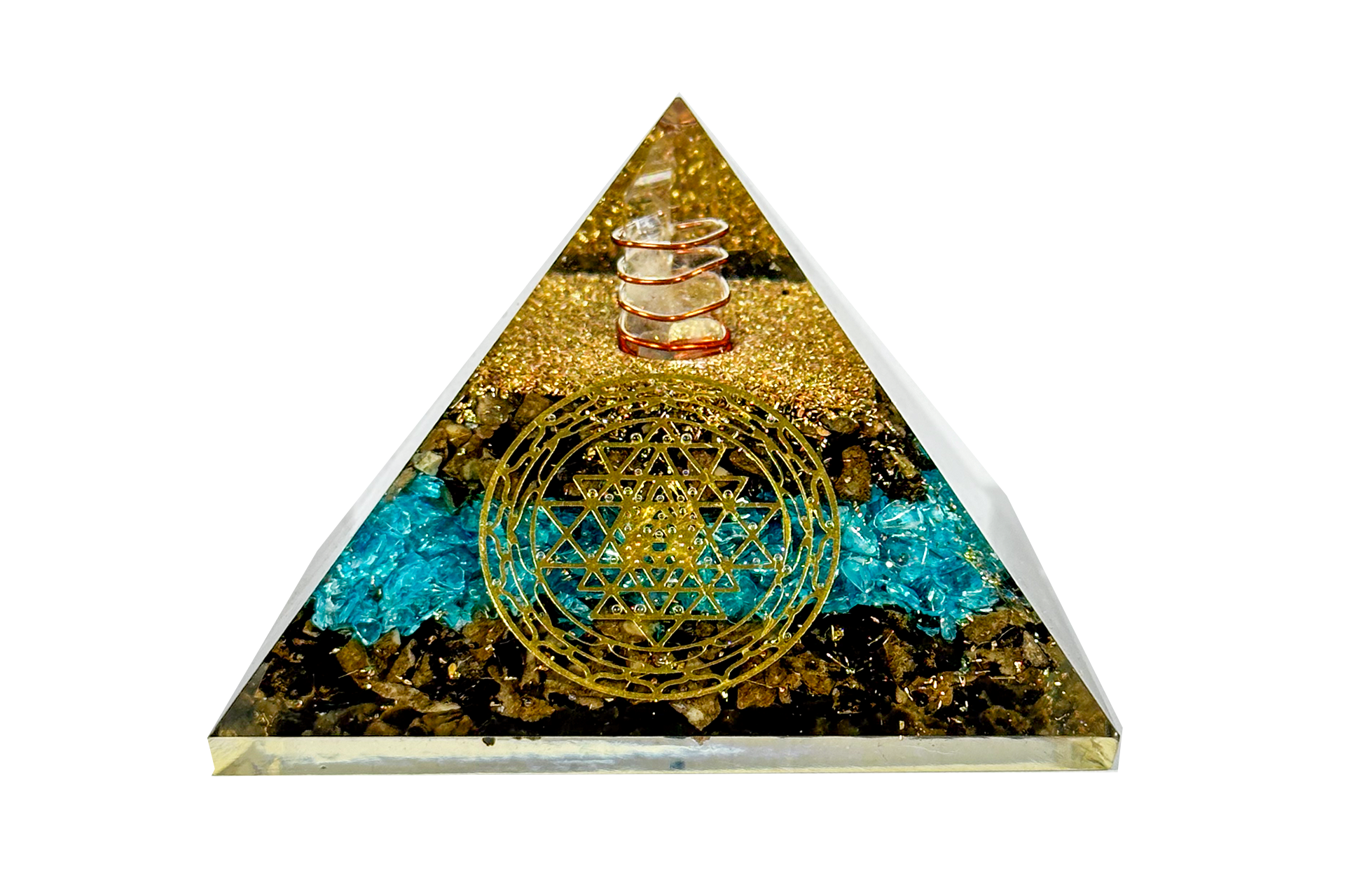 Layered Blue Onyx and Tiger Eye Reiki Energy Charged Orgone Pyramid with Sri Yantra Emblem Primal Chakra