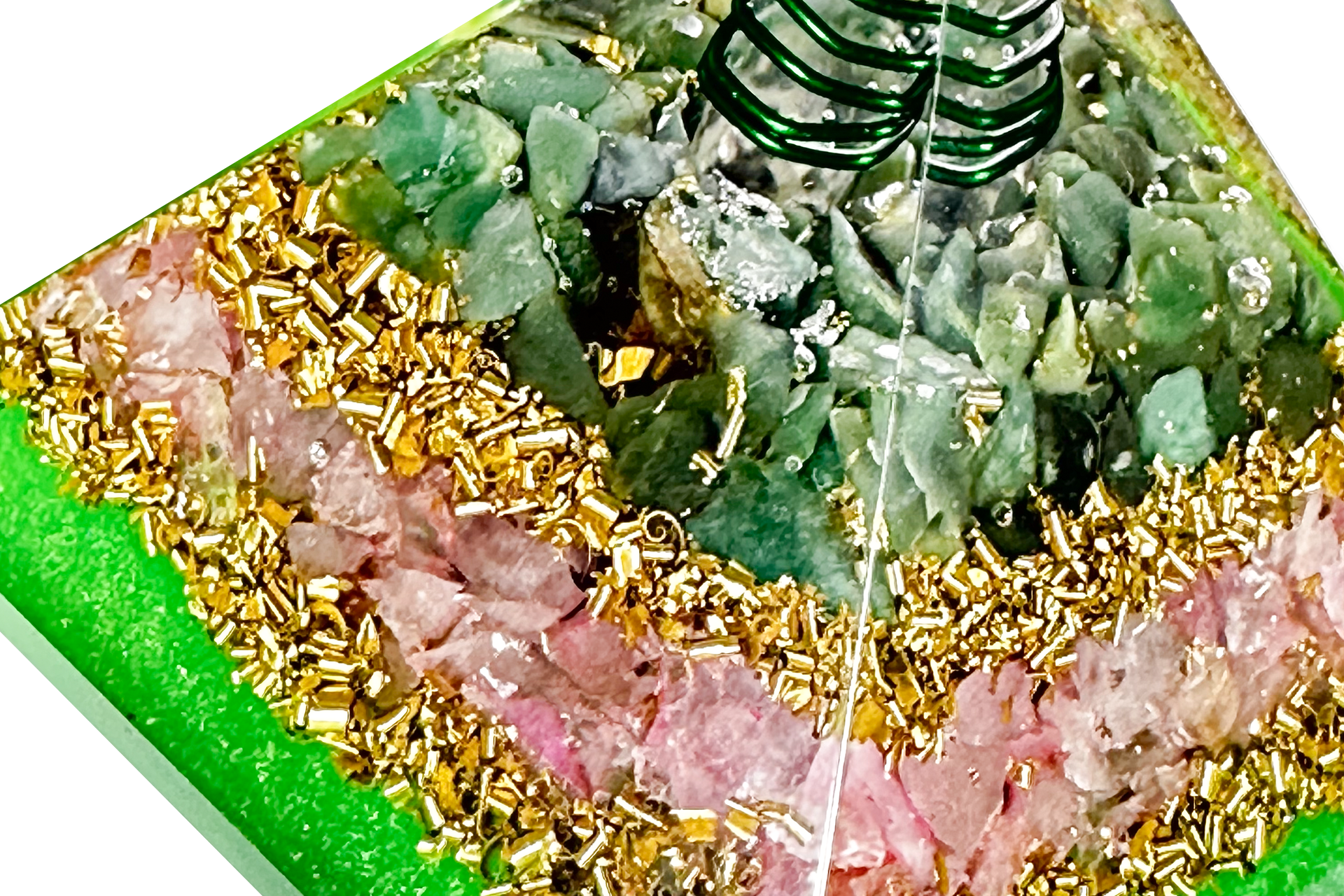 Layered Carnelian Rose Quartz and Green Aventurine Reiki Energy Charged Orgone Pyramid with Green Mica Powder Primal Chakra
