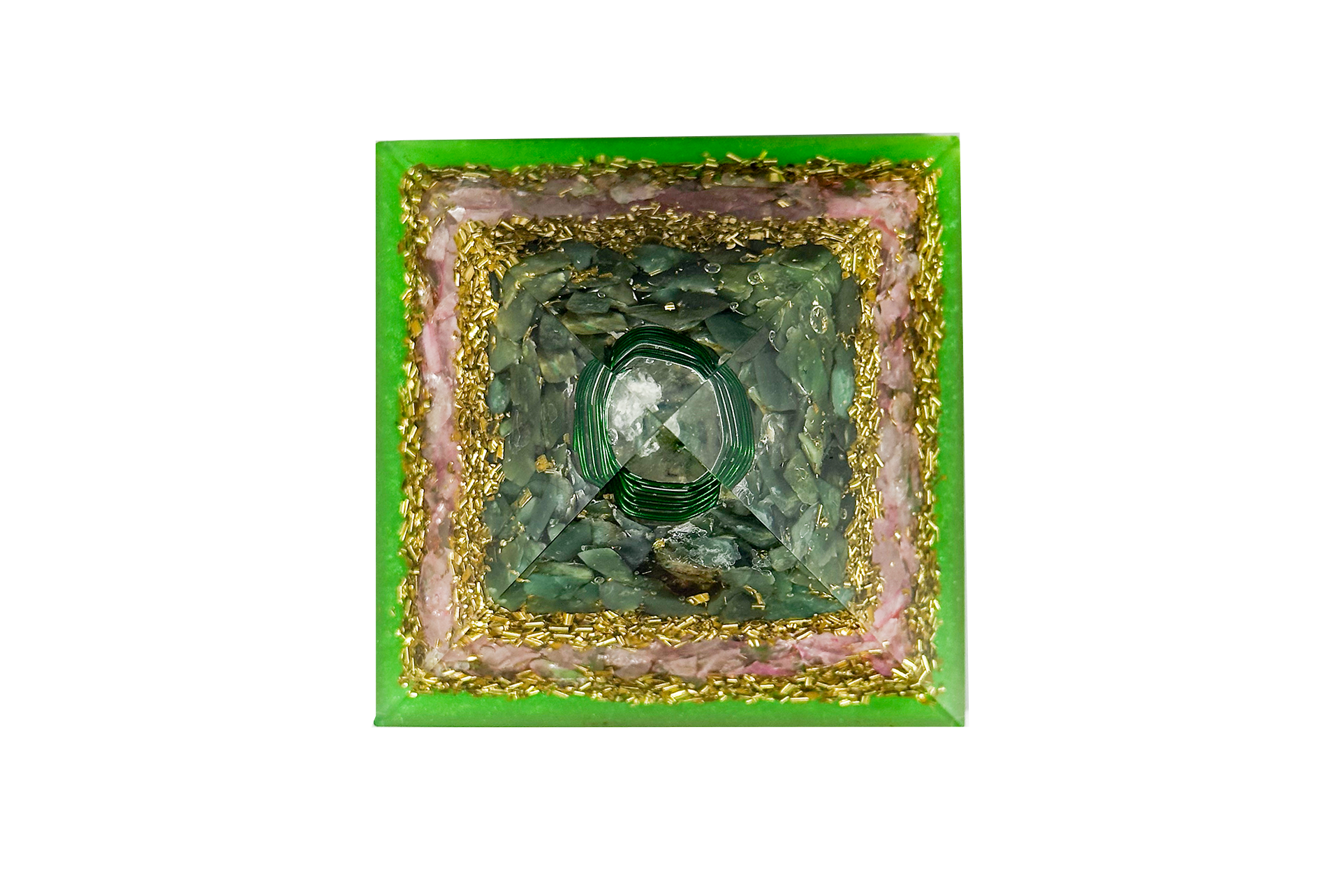 Layered Carnelian Rose Quartz and Green Aventurine Reiki Energy Charged Orgone Pyramid with Green Mica Powder Primal Chakra