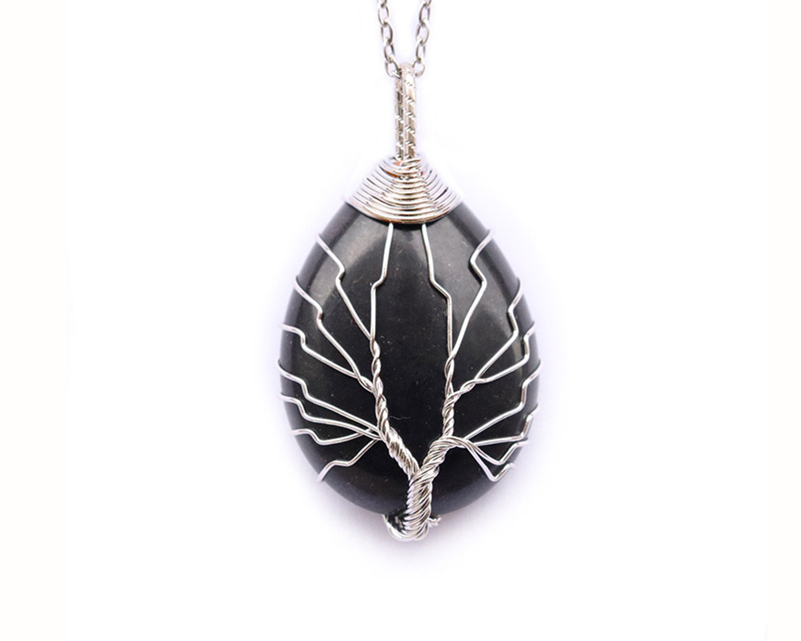 Obsidian Crystal Tree Of Life Pear Pendant Necklace with Silver Chain Primal Chakra