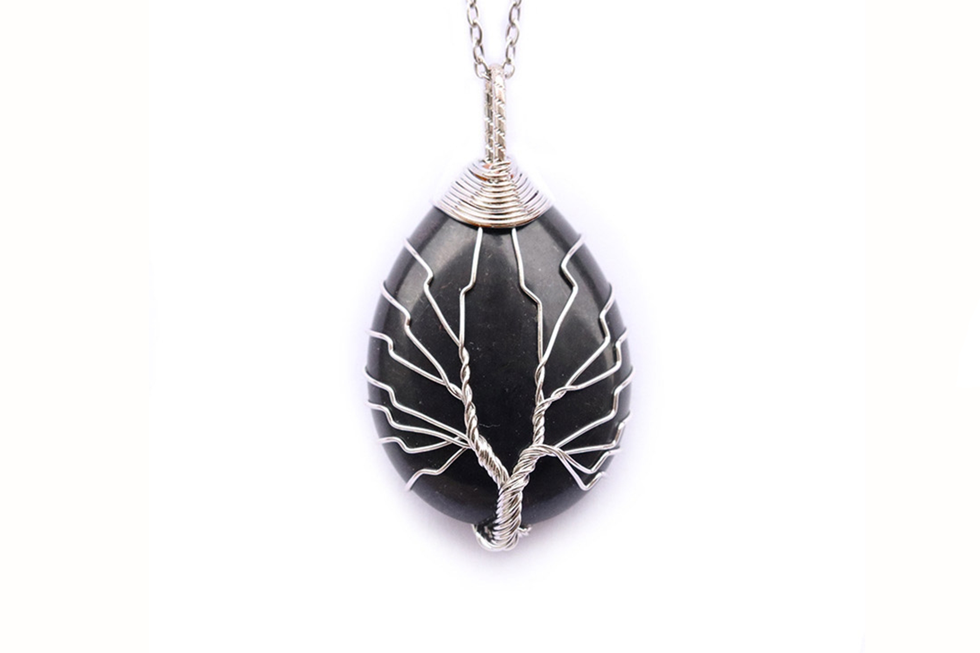 Obsidian Crystal Tree Of Life Pear Pendant Necklace with Silver Chain Primal Chakra