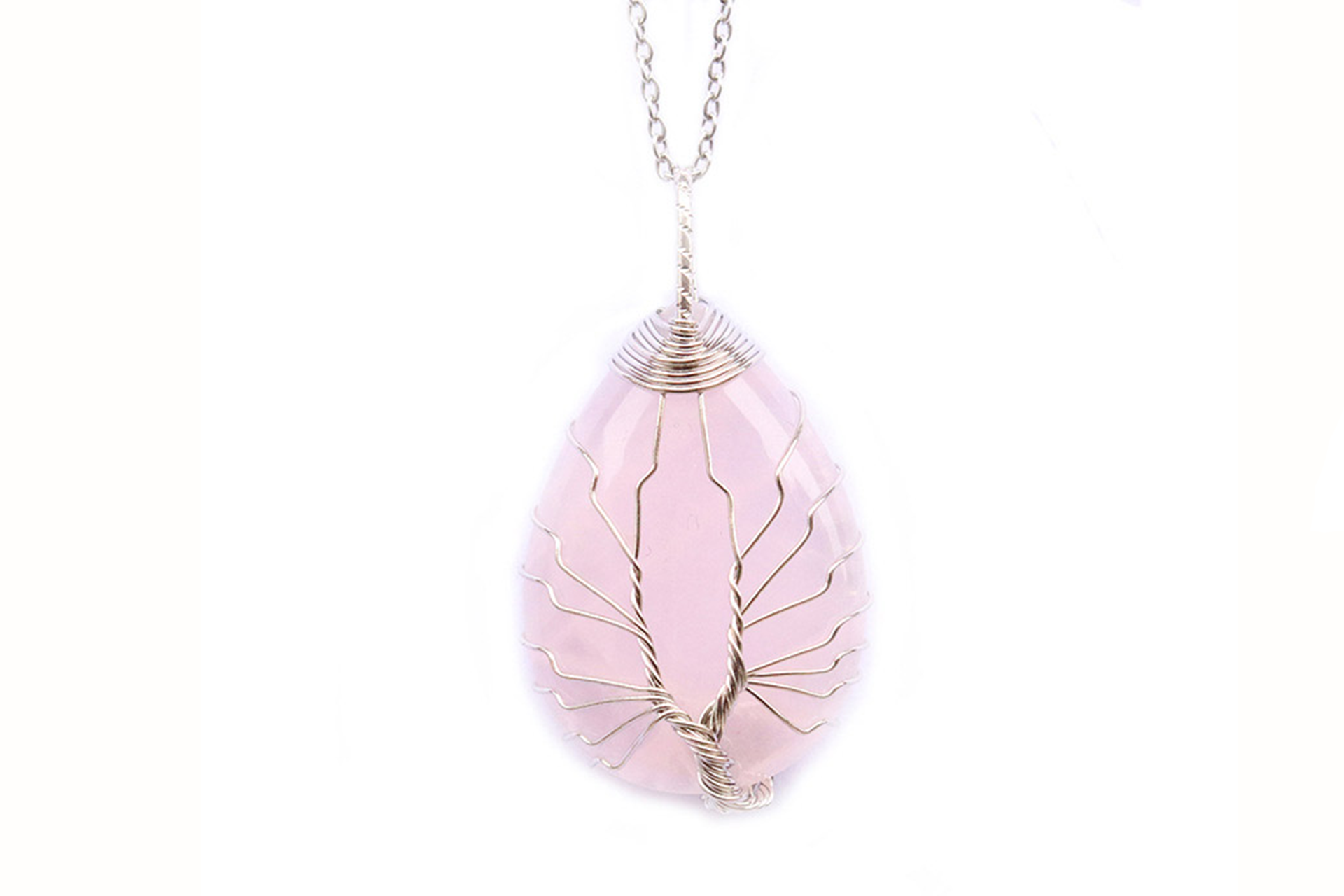 Rose Quartz Crystal Tree Of Life Pear Pendant Necklace with Silver Chain Primal Chakra