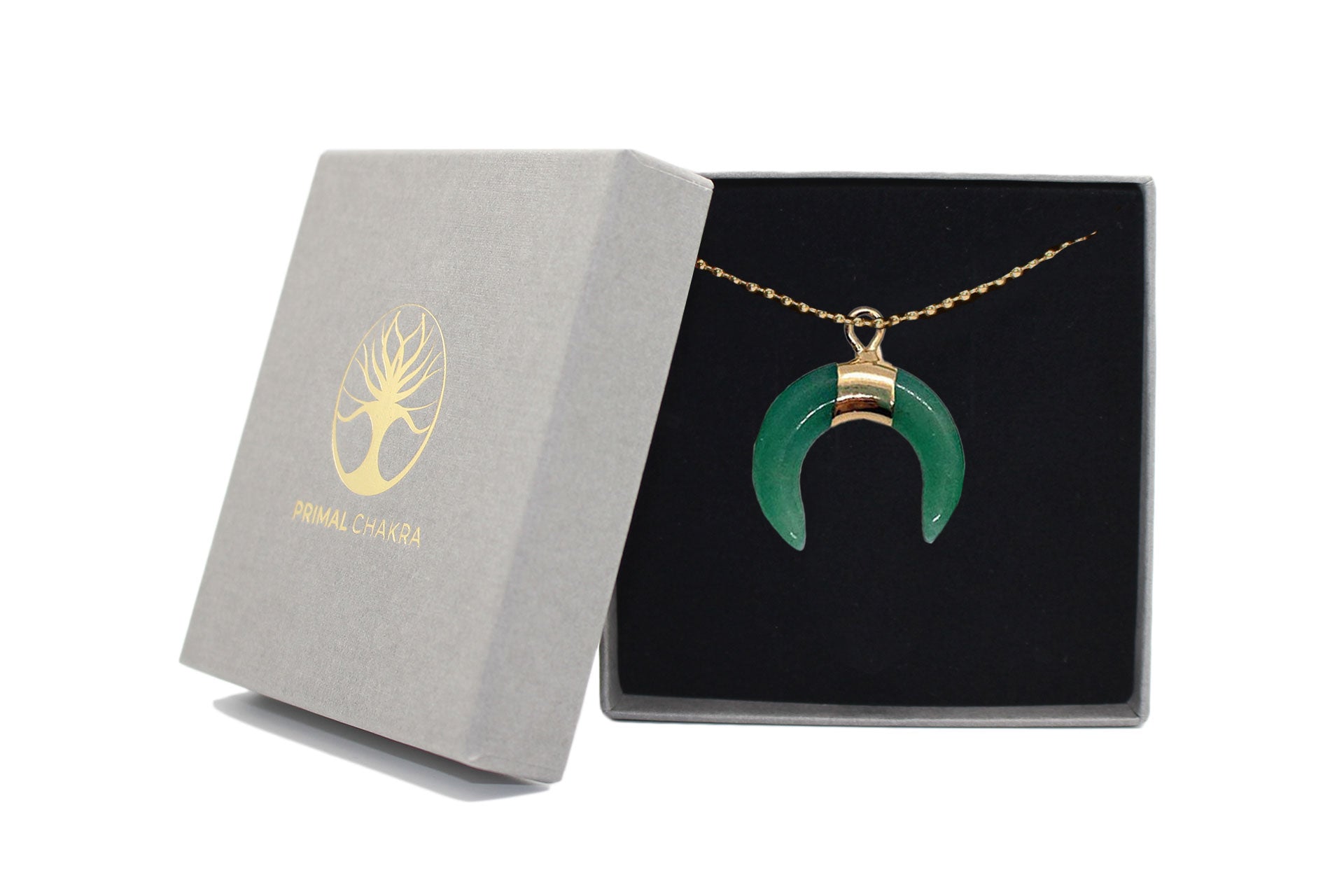 Green Aventurine Small Eclipse Moon Pendant with a Gold Chain Primal Chakra