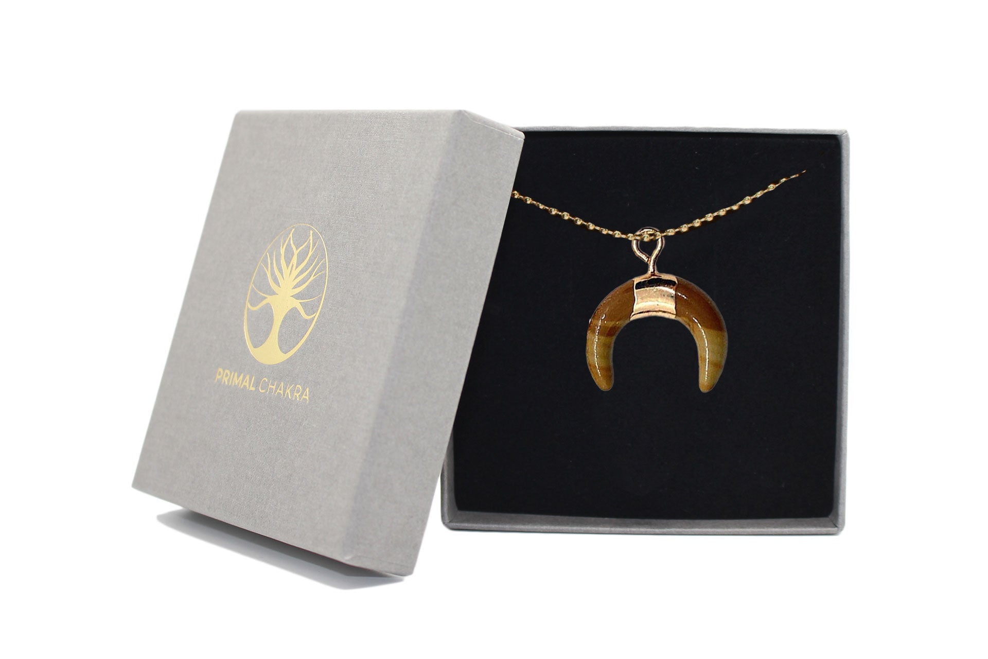 Tiger Eye Small Eclipse Moon Pendant with a Gold Chain Primal Chakra