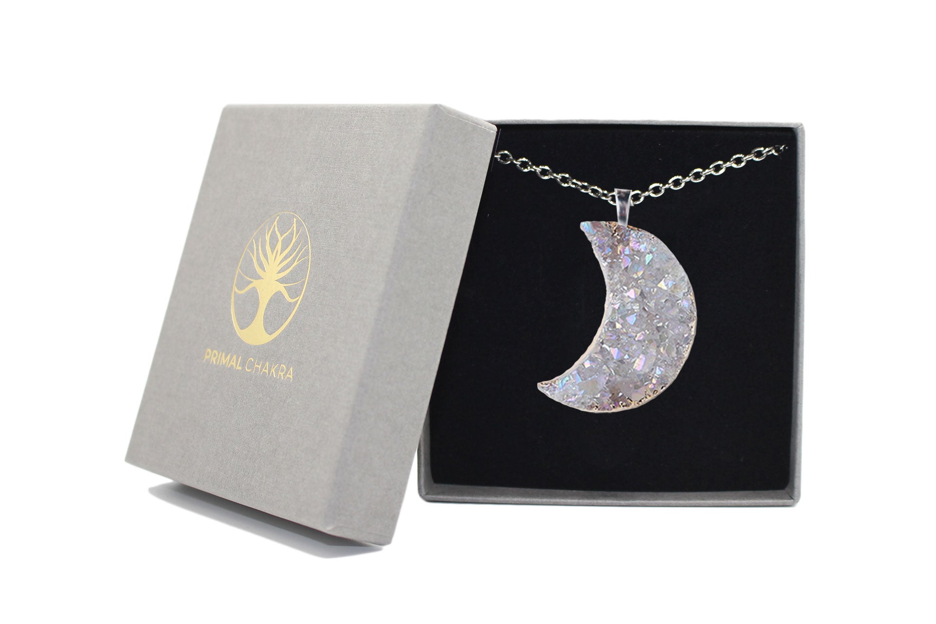 Clear Quartz Crystal Druzy Moon Necklace with Silver Chain Primal Chakra