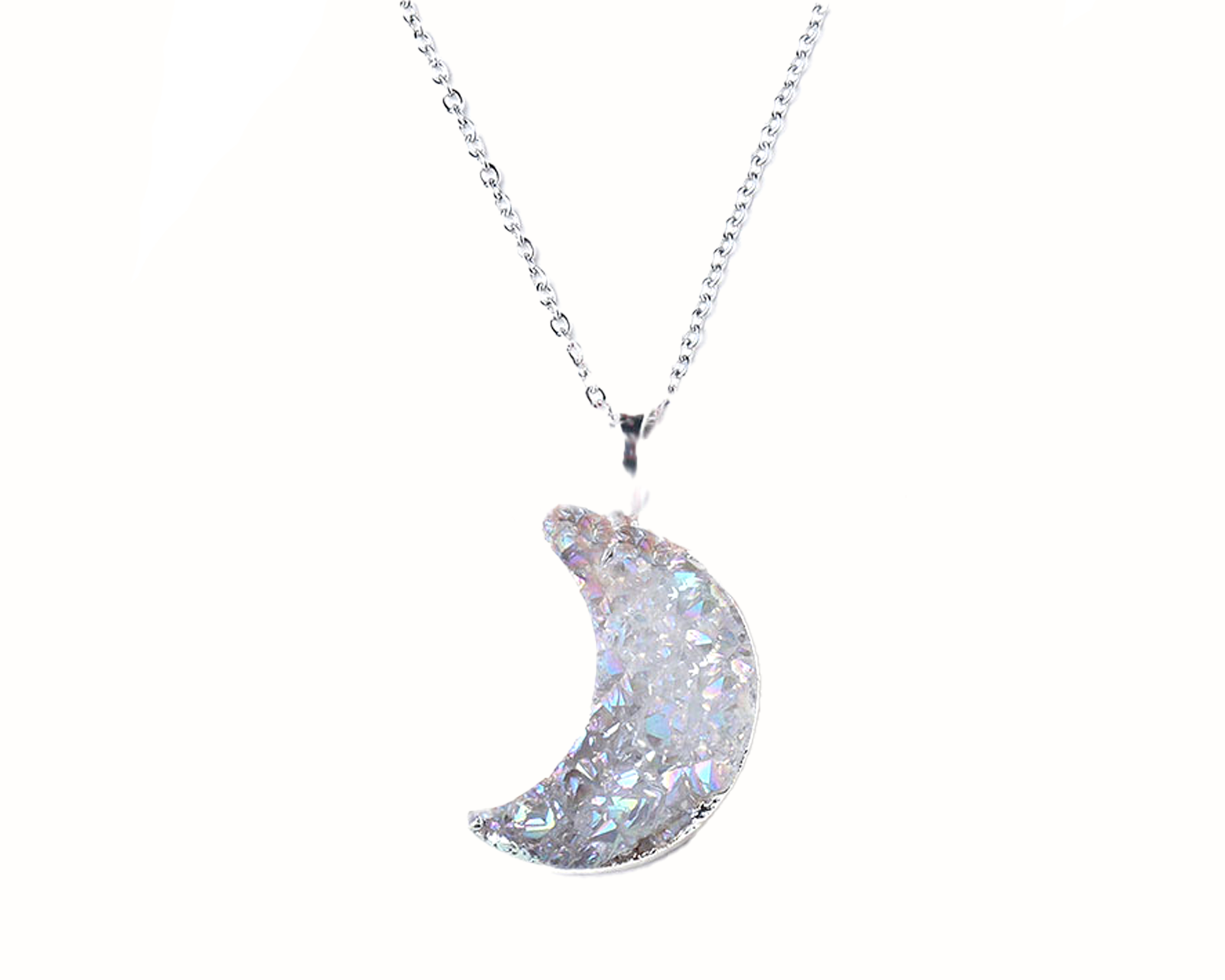 Clear Quartz Crystal Druzy Moon Necklace with Silver Chain Primal Chakra
