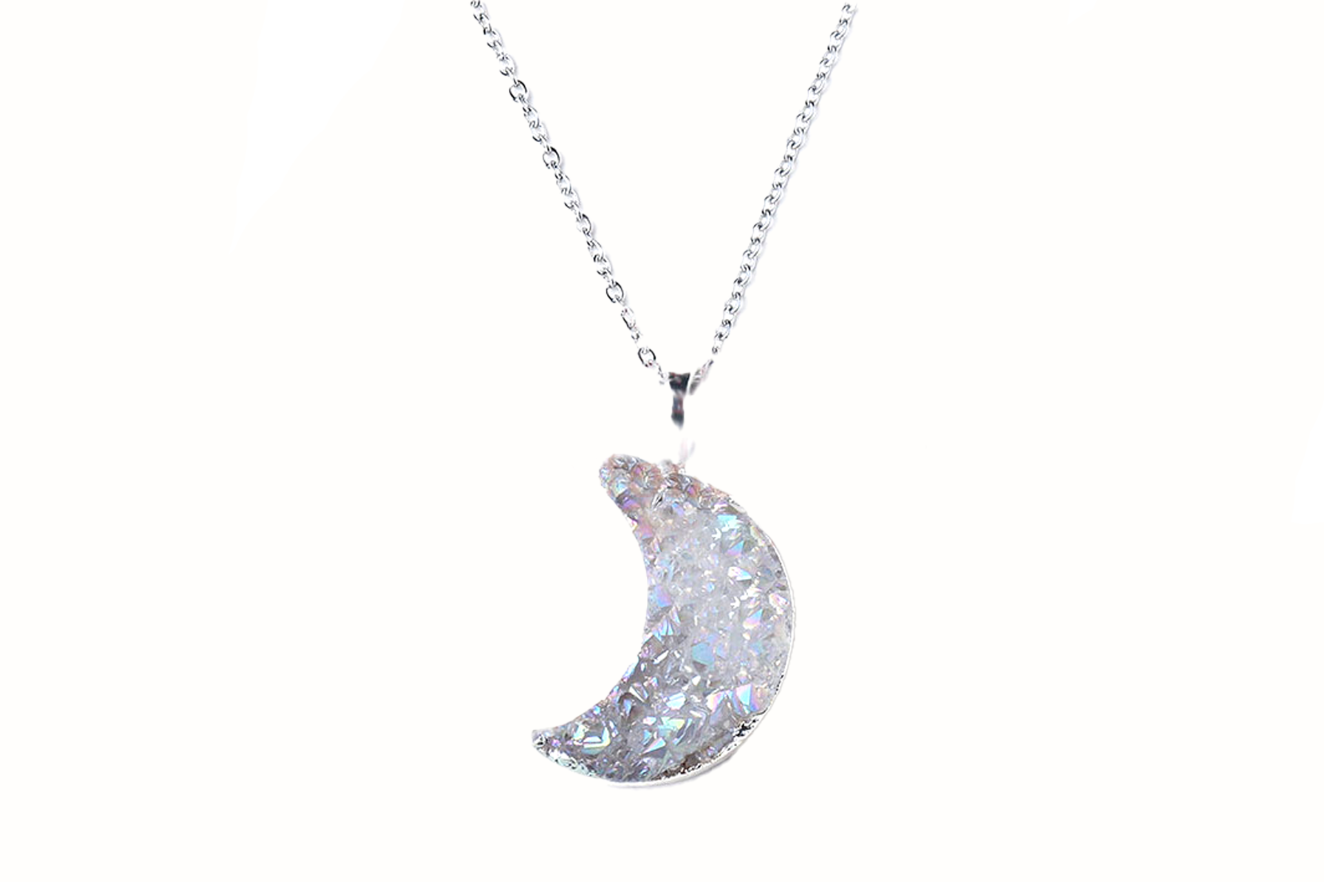 Clear Quartz Crystal Druzy Moon Necklace with Silver Chain Primal Chakra