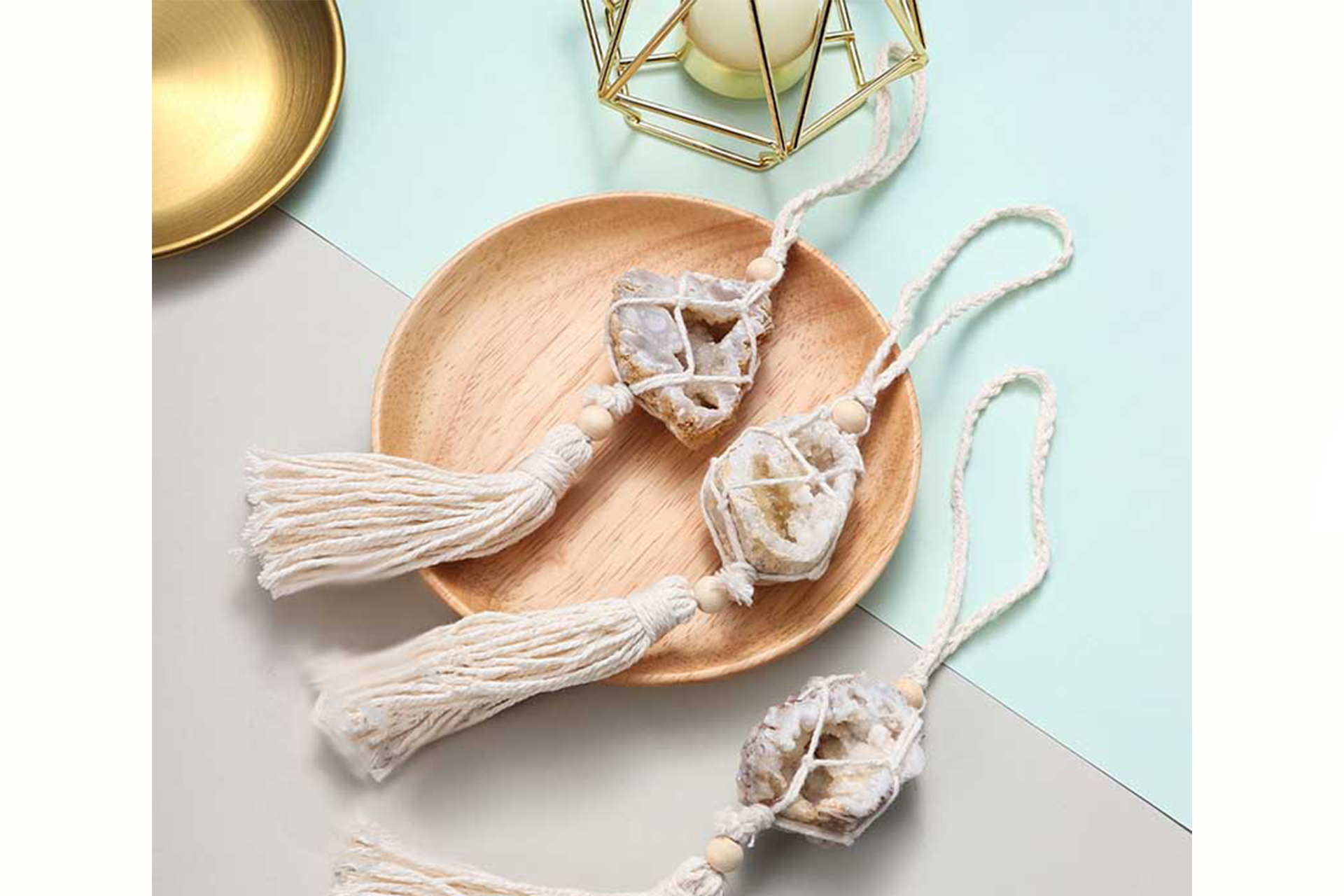 White Agate Geode Braided Crochet Hanging Crystal Ornament Primal Chakra