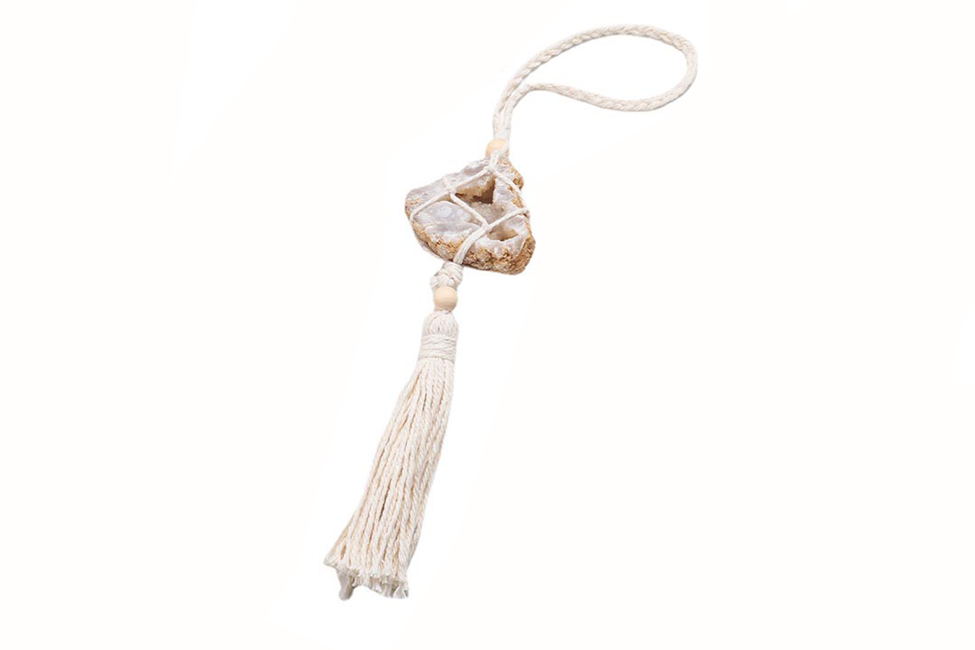 White Agate Geode Braided Crochet Hanging Crystal Ornament Primal Chakra
