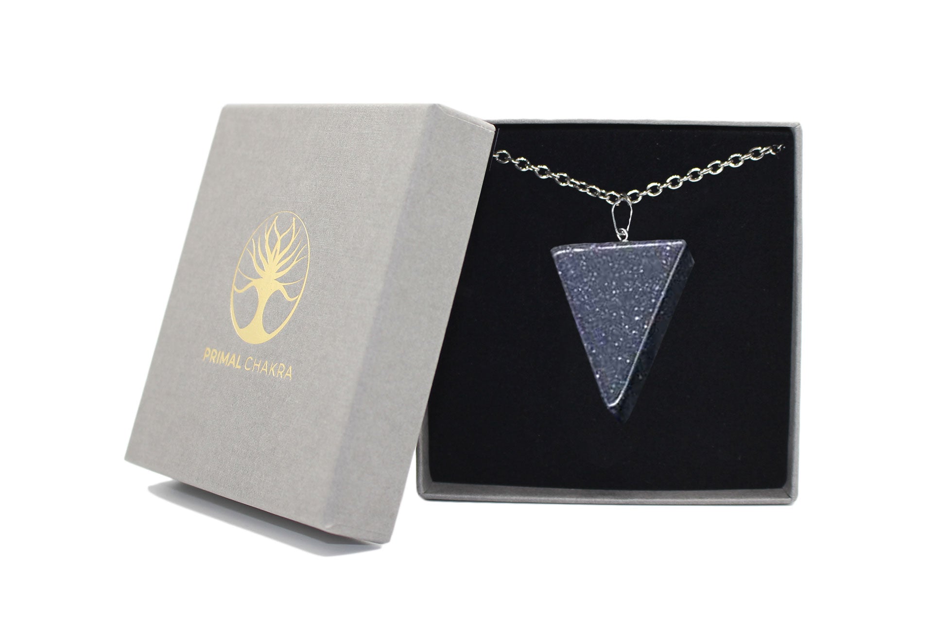 Blue Goldstone Carved Triangle Necklace with Silver Chain Primal Chakra