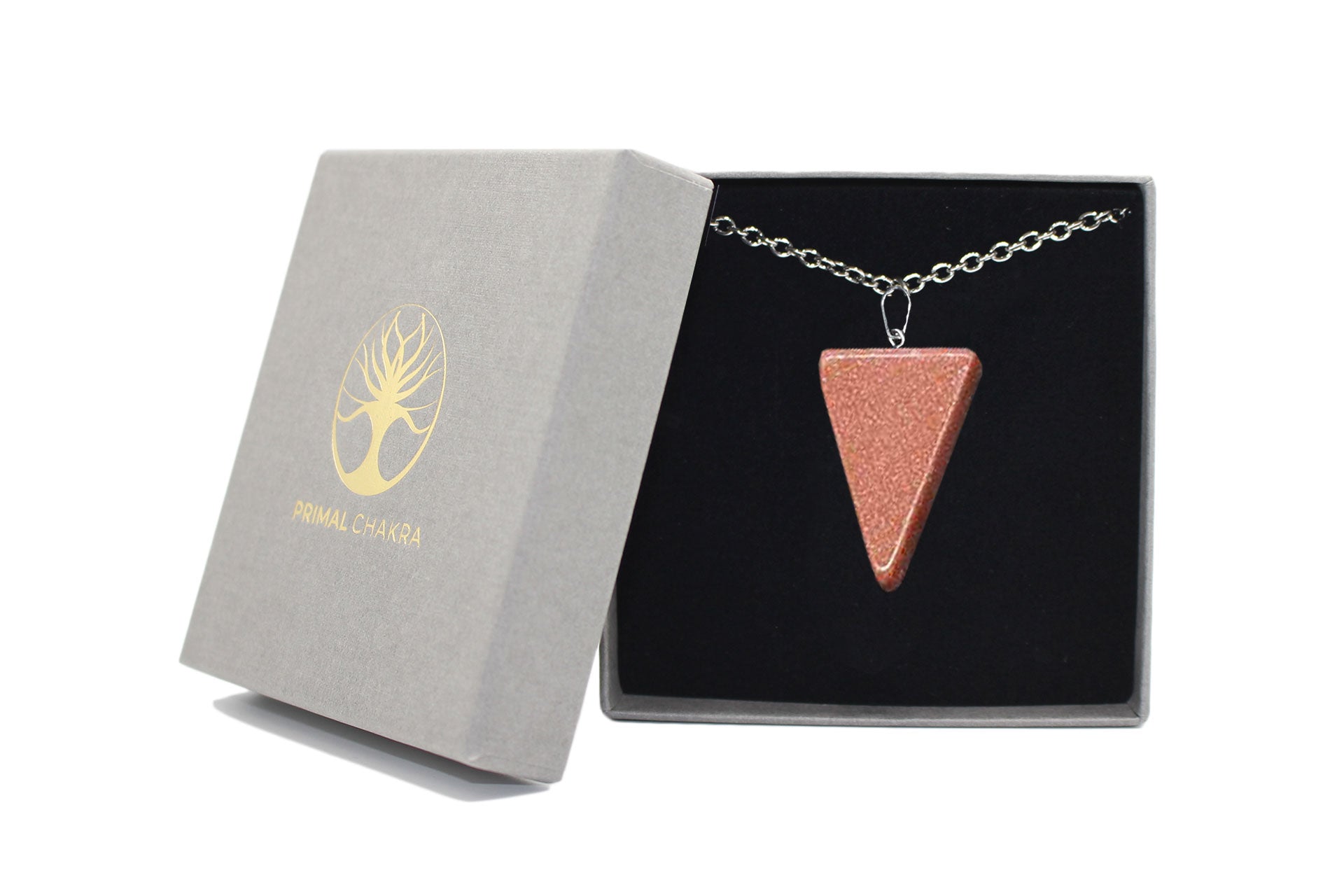 Gold Goldstone Carved Triangle Necklace with Silver Chain Primal Chakra