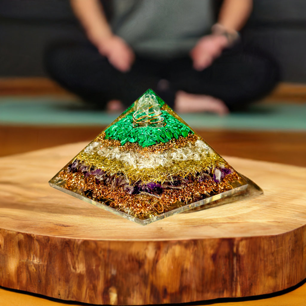 3 Layer Amethyst, Clear Quartz, Green Malachite Reiki Energy Charged Orgone Pyramid Primal Chakra