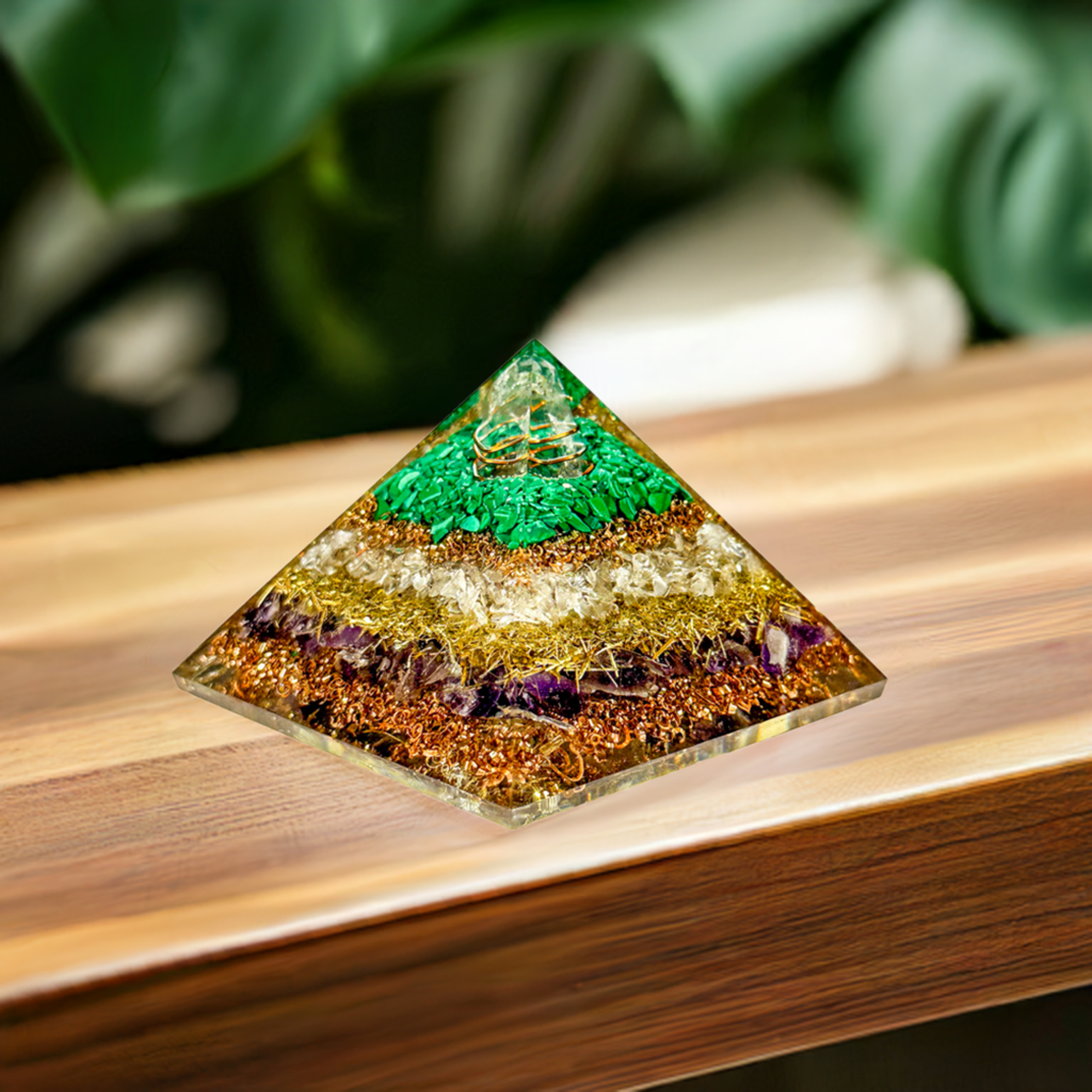 3 Layer Amethyst, Clear Quartz, Green Malachite Reiki Energy Charged Orgone Pyramid Primal Chakra
