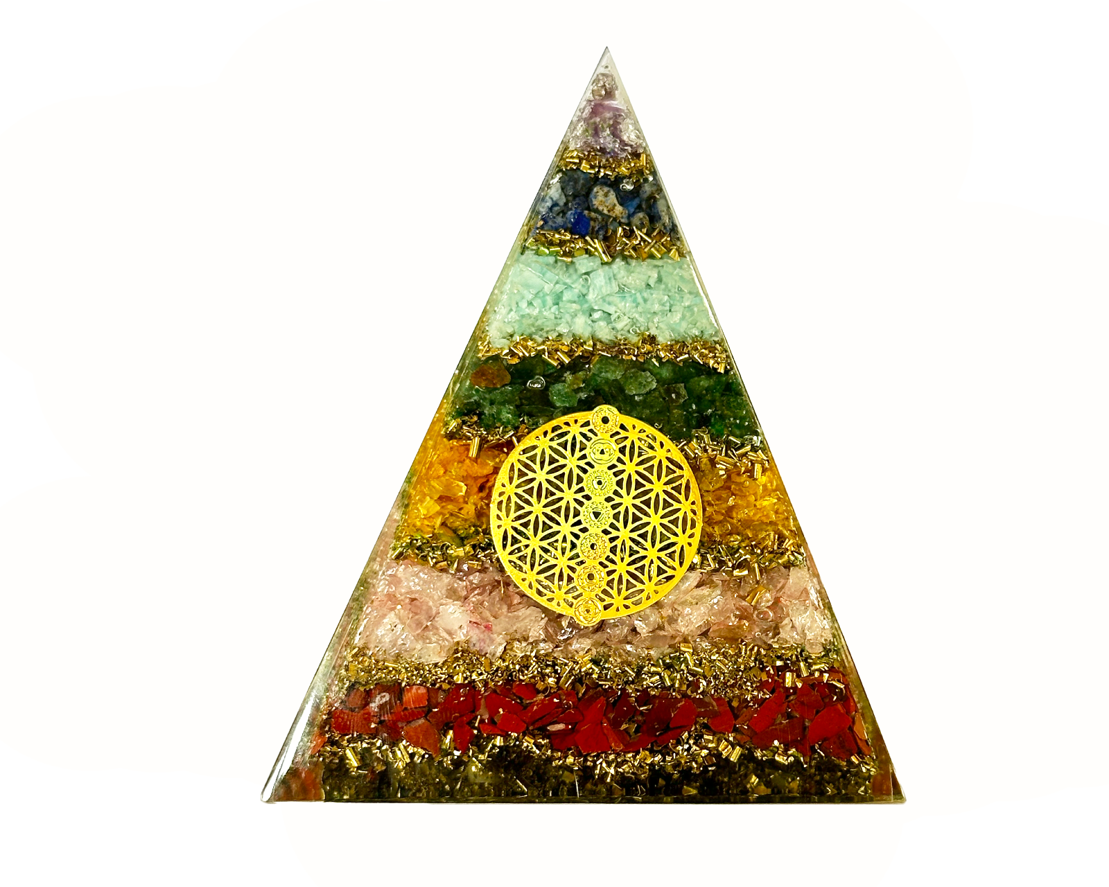 Large 7 Chakra Layered Reiki Energy Charged Orgone Pyramid with 7 Chakra Flower Of Life Emblem Primal Chakra