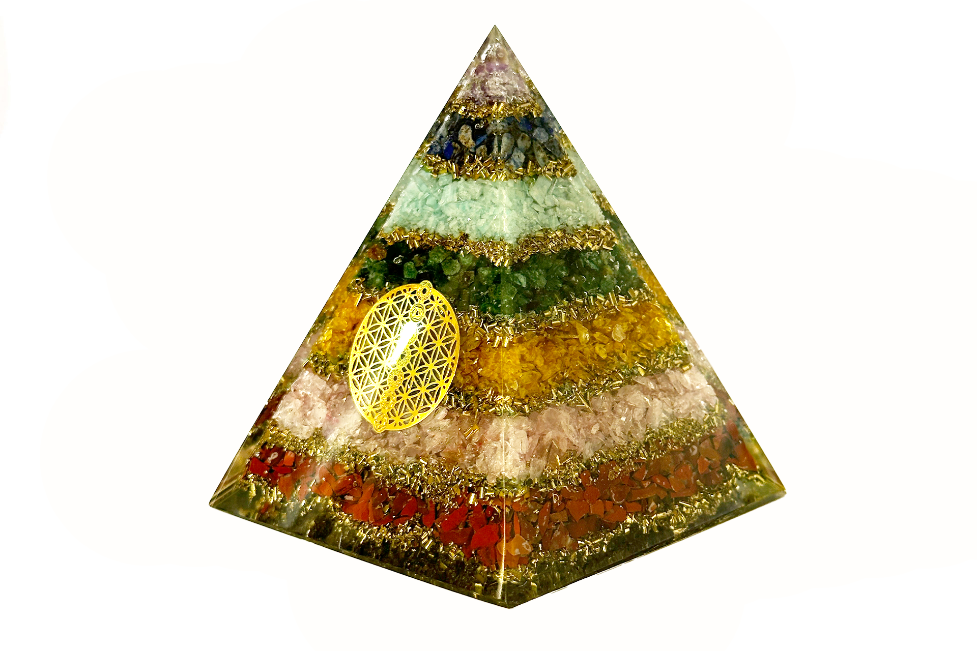 Large 7 Chakra Layered Reiki Energy Charged Orgone Pyramid with 7 Chakra Flower Of Life Emblem Primal Chakra