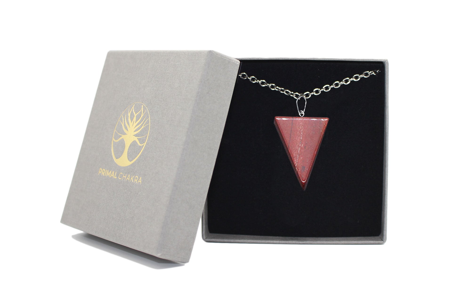 Red Jasper Carved Triangle Necklace with Silver Chain Primal Chakra