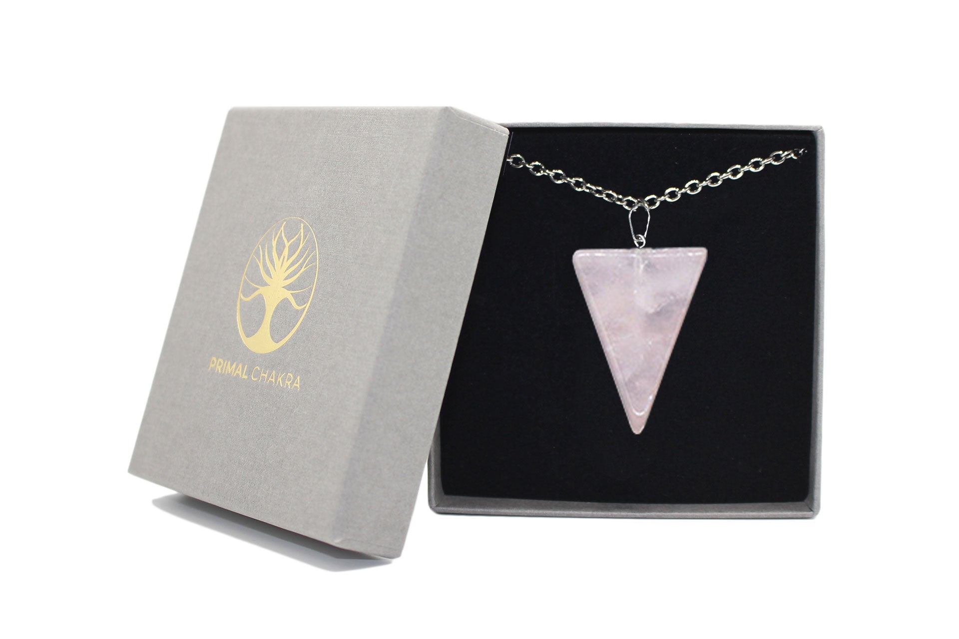 Rose Quartz Carved Triangle Necklace with Silver Chain Primal Chakra