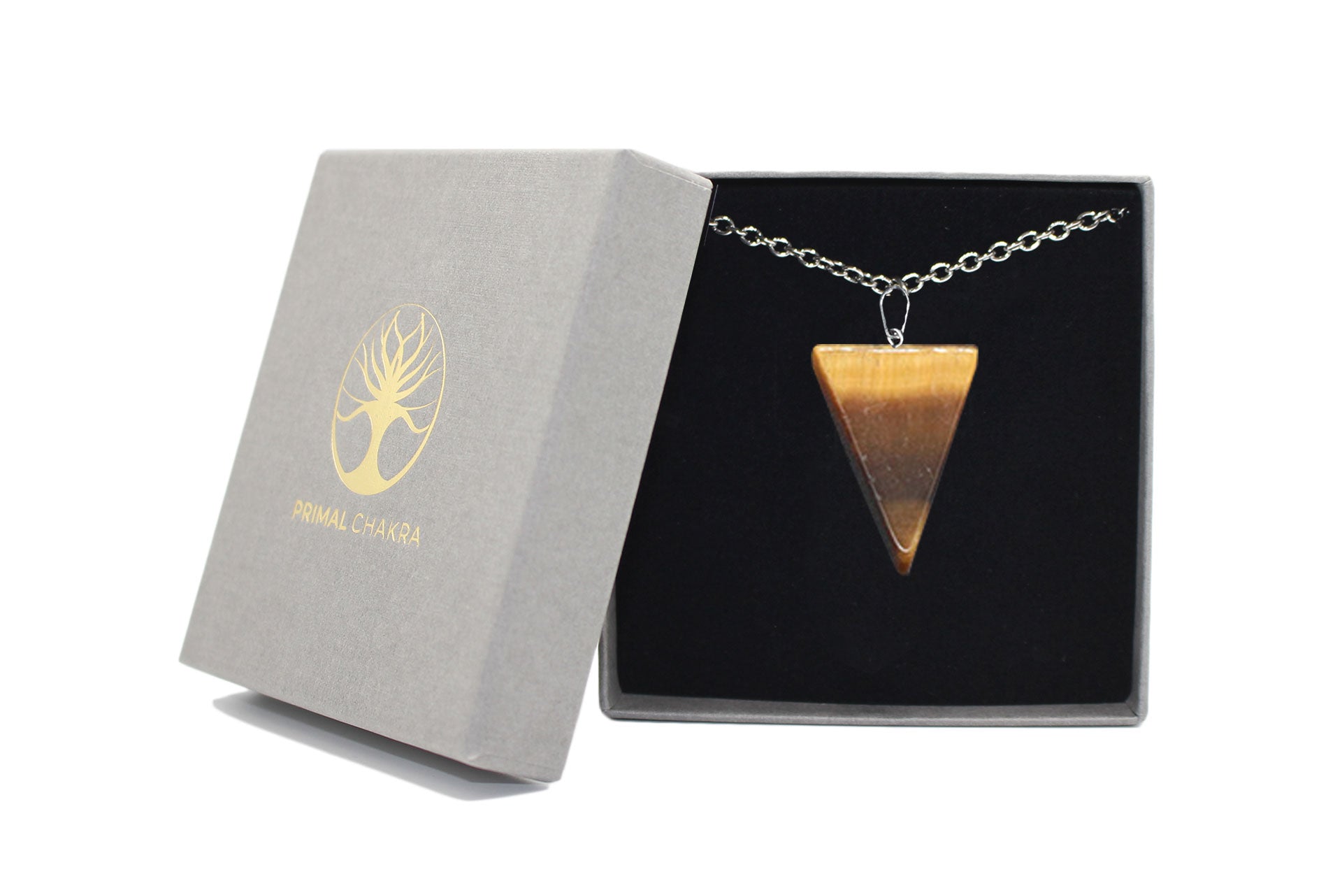 Tiger Eye Carved Triangle Necklace with Silver Chain Primal Chakra