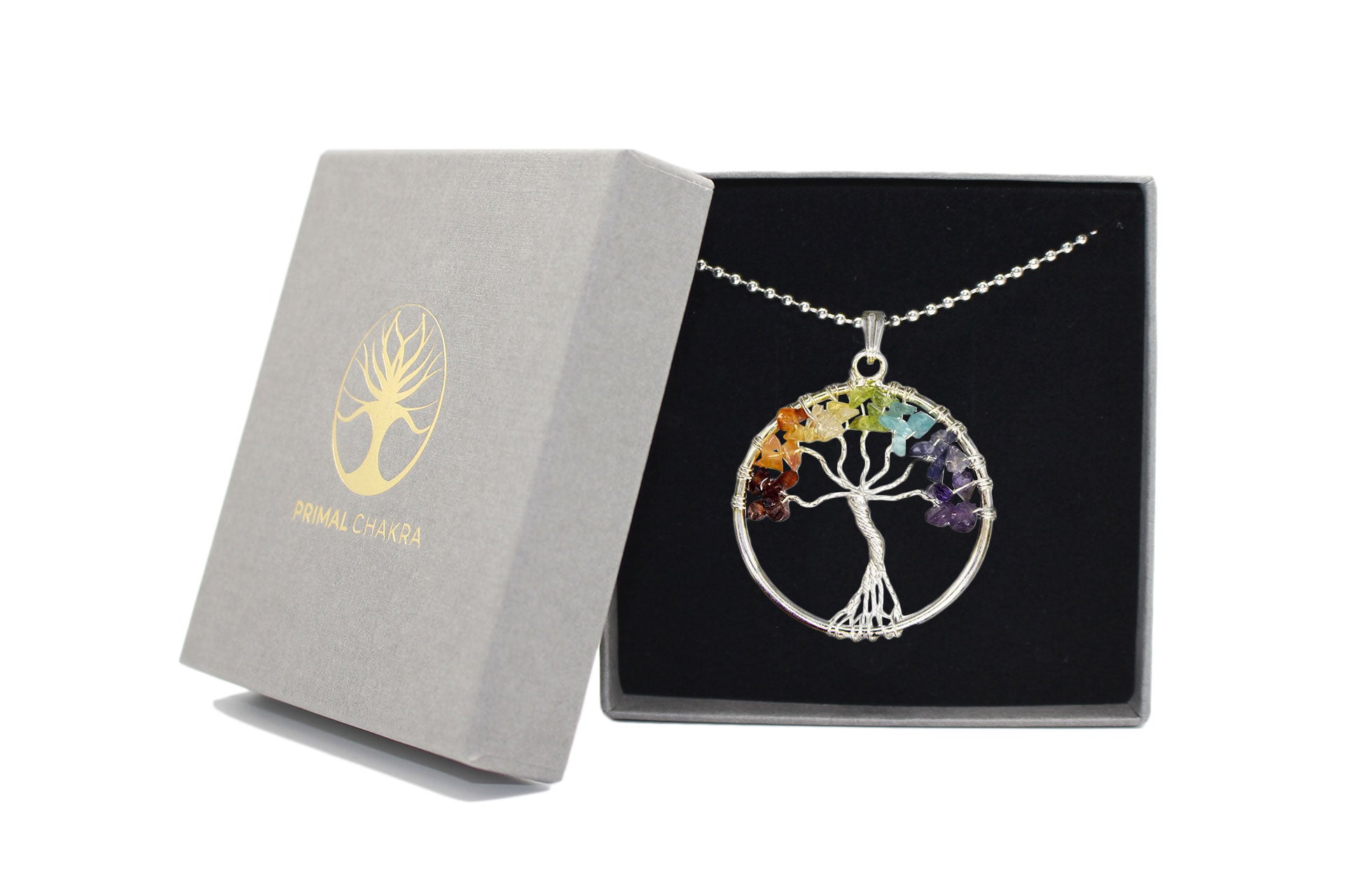 Round Tree Of Life 7 Chakra Crystal Pendant with Silver Chain Primal Chakra