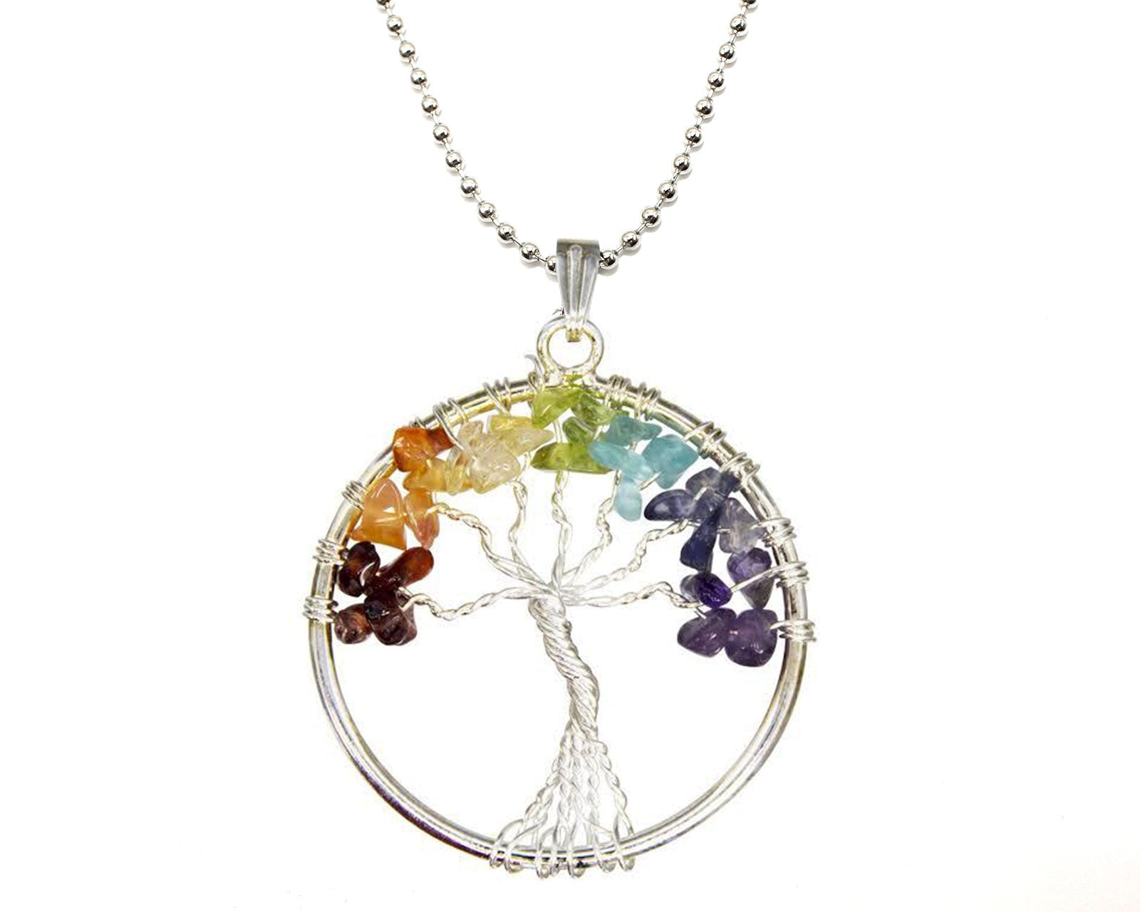 Round Tree Of Life 7 Chakra Crystal Pendant with Silver Chain Primal Chakra