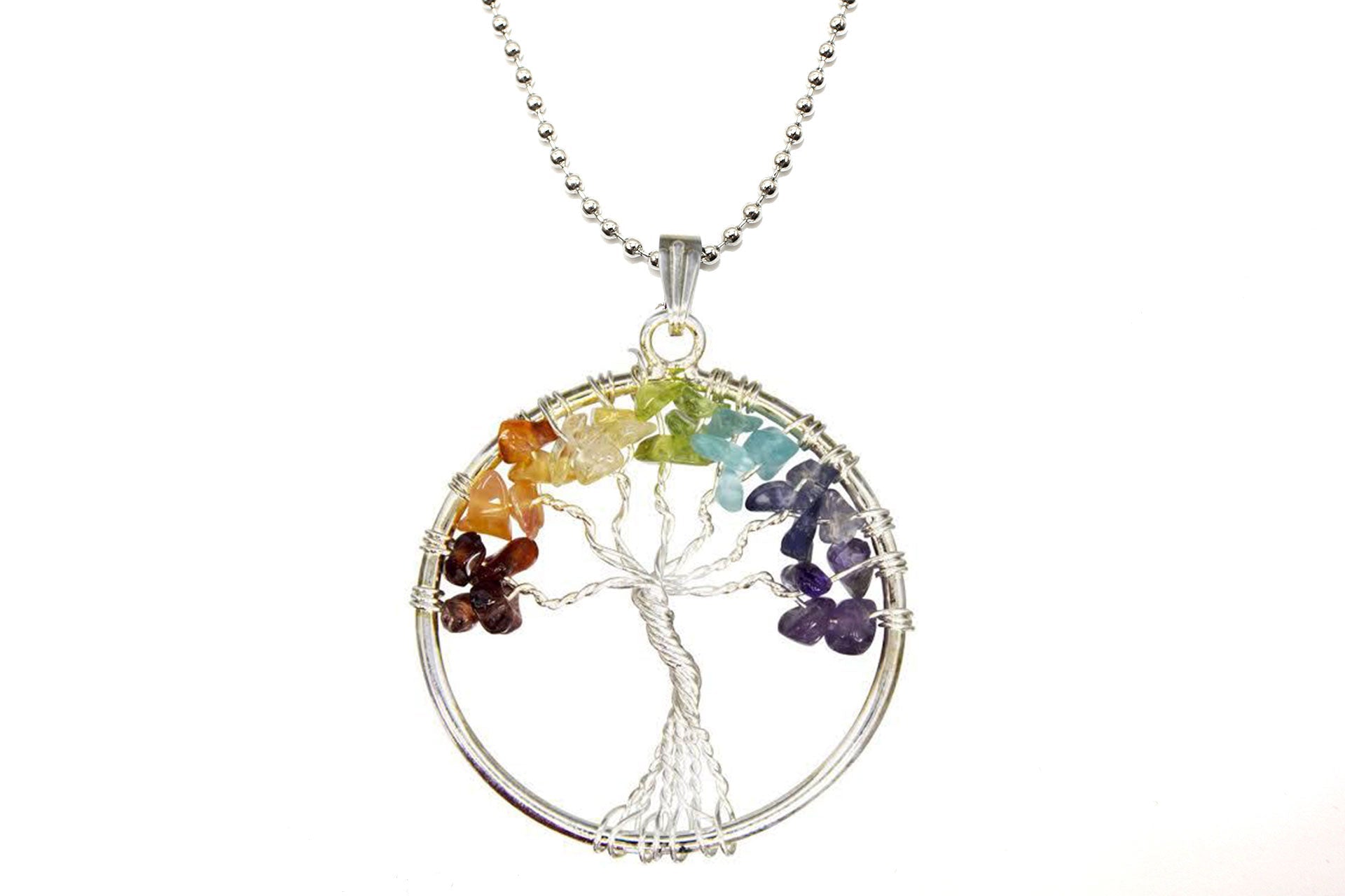 Round Tree Of Life 7 Chakra Crystal Pendant with Silver Chain Primal Chakra