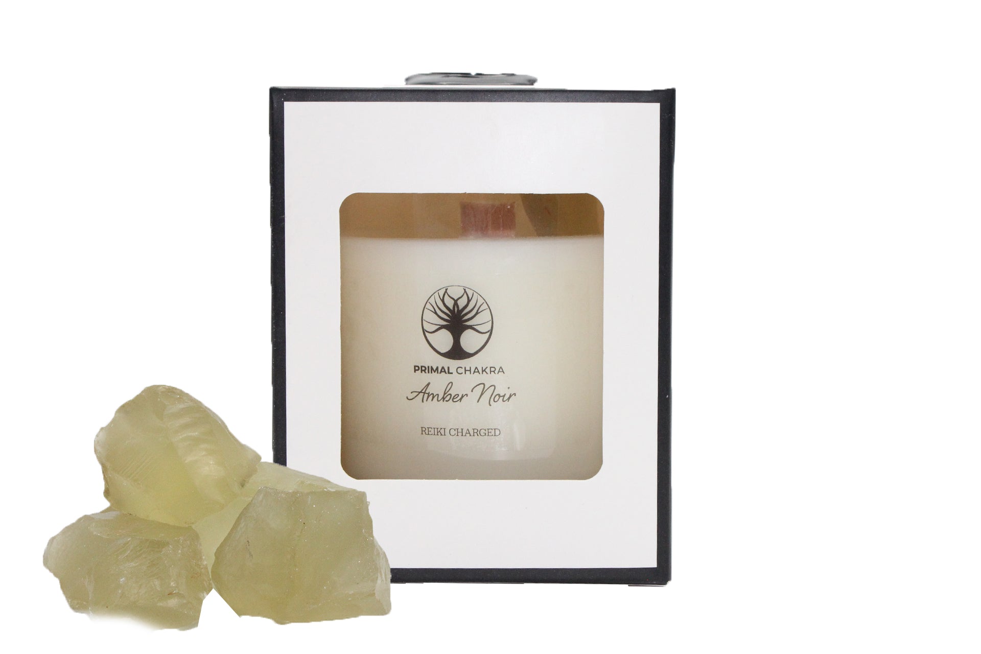 Amber Noir 30cl Reiki Energy Charged Scented Candle with Yellow Citrine Crystal Primal Chakra