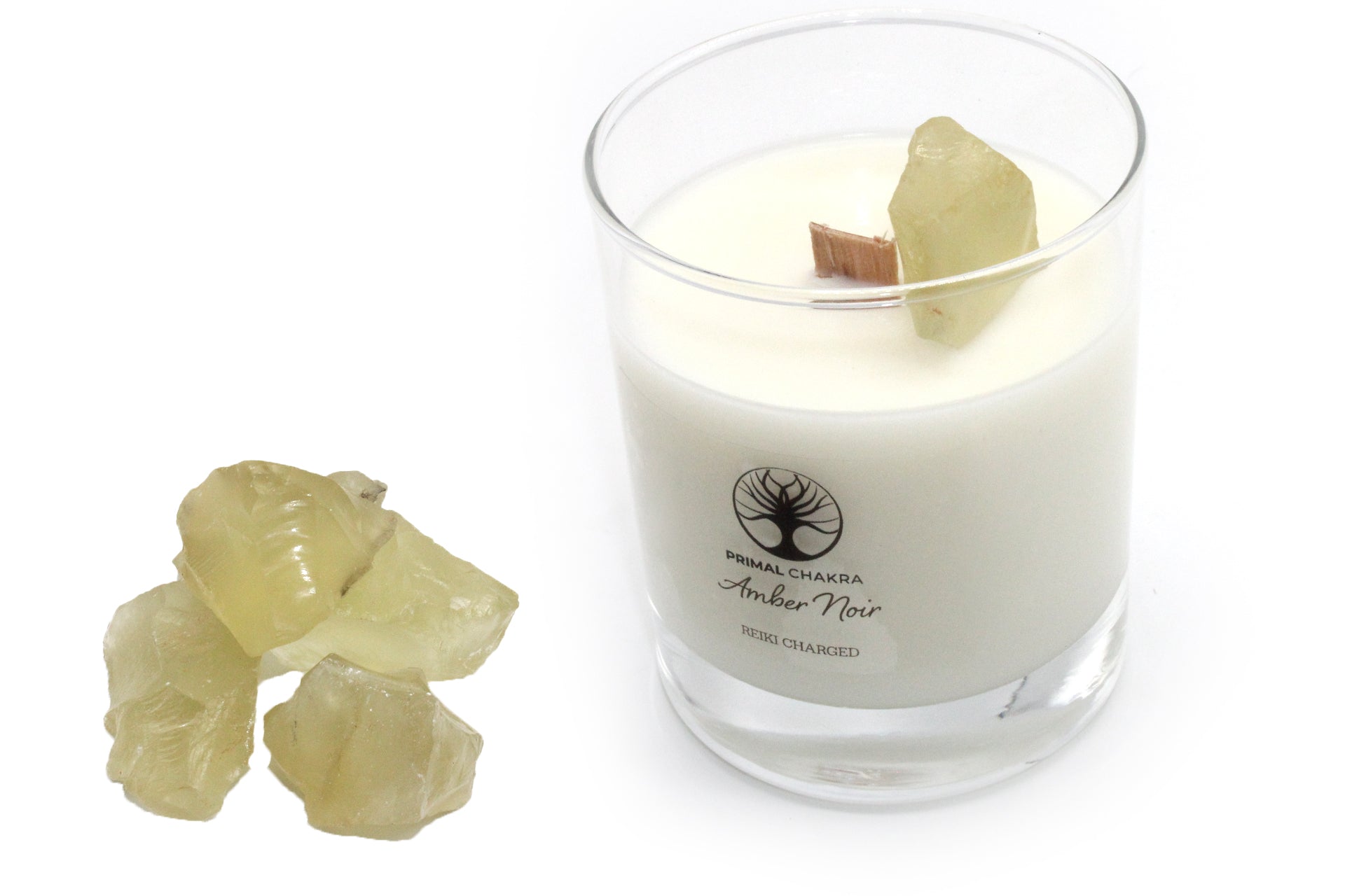 Amber Noir 30cl Reiki Energy Charged Scented Candle with Yellow Citrine Crystal Primal Chakra
