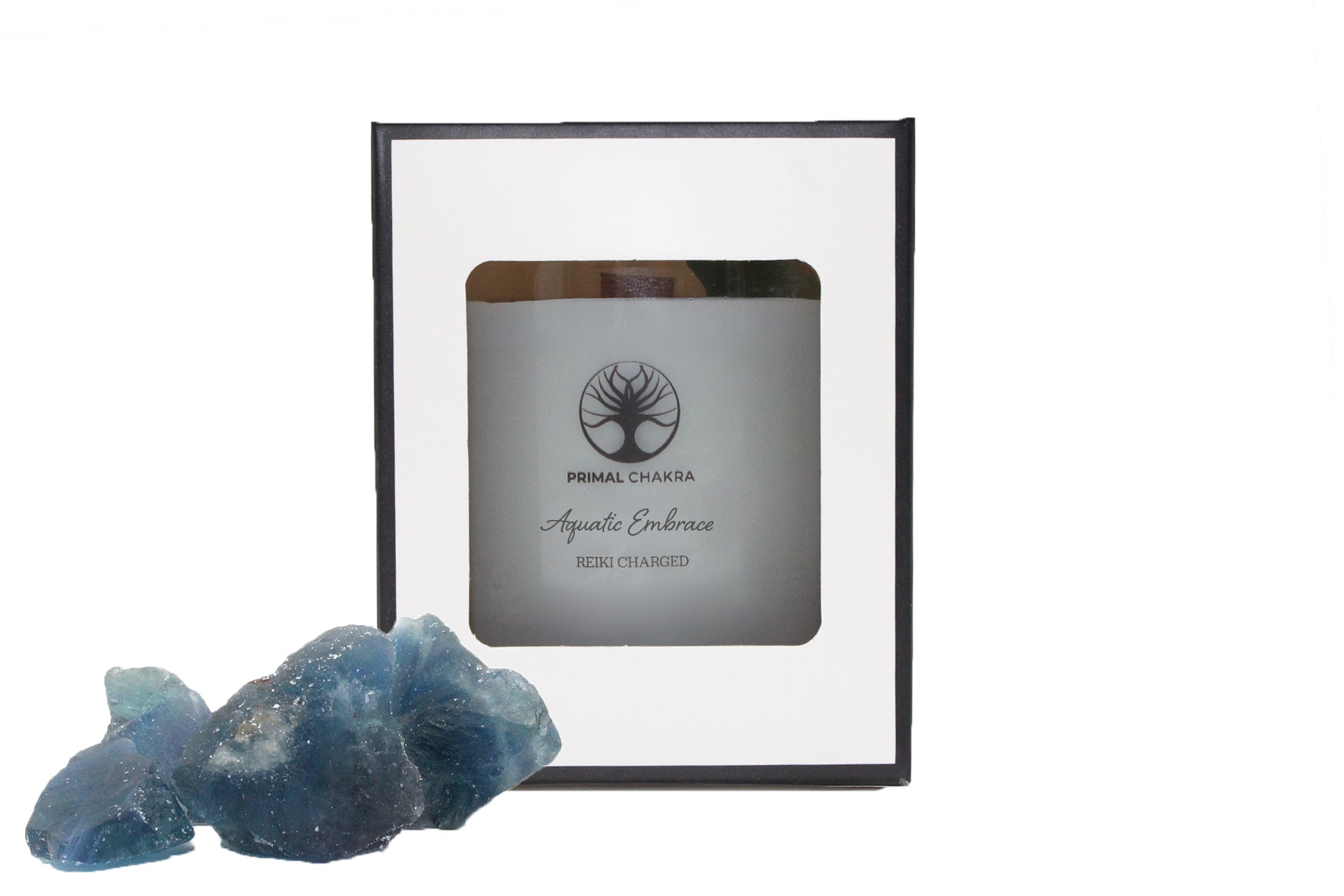 Aquatic Embrace 30cl Reiki Energy Charged Scented Candle with Blue Fluorite Crystal  - Spa Range Primal Chakra