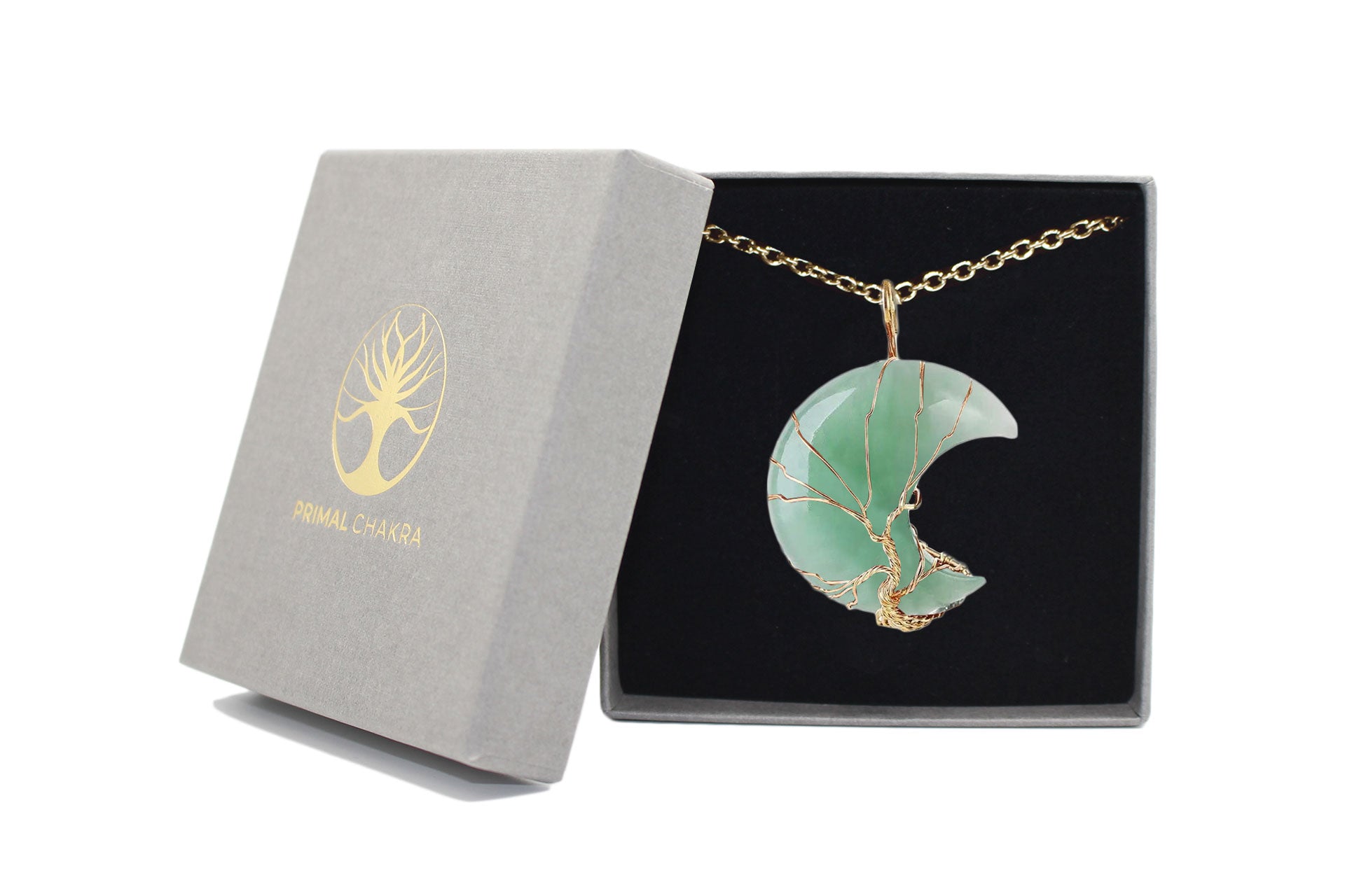 Green Aventurine Crystal Crescent Moon Pendant with Gold Chain Primal Chakra