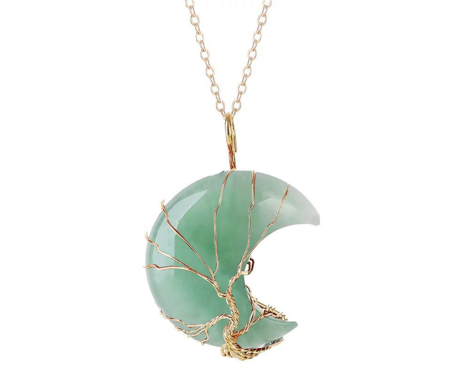 Green Aventurine Crystal Crescent Moon Pendant with Gold Chain Primal Chakra