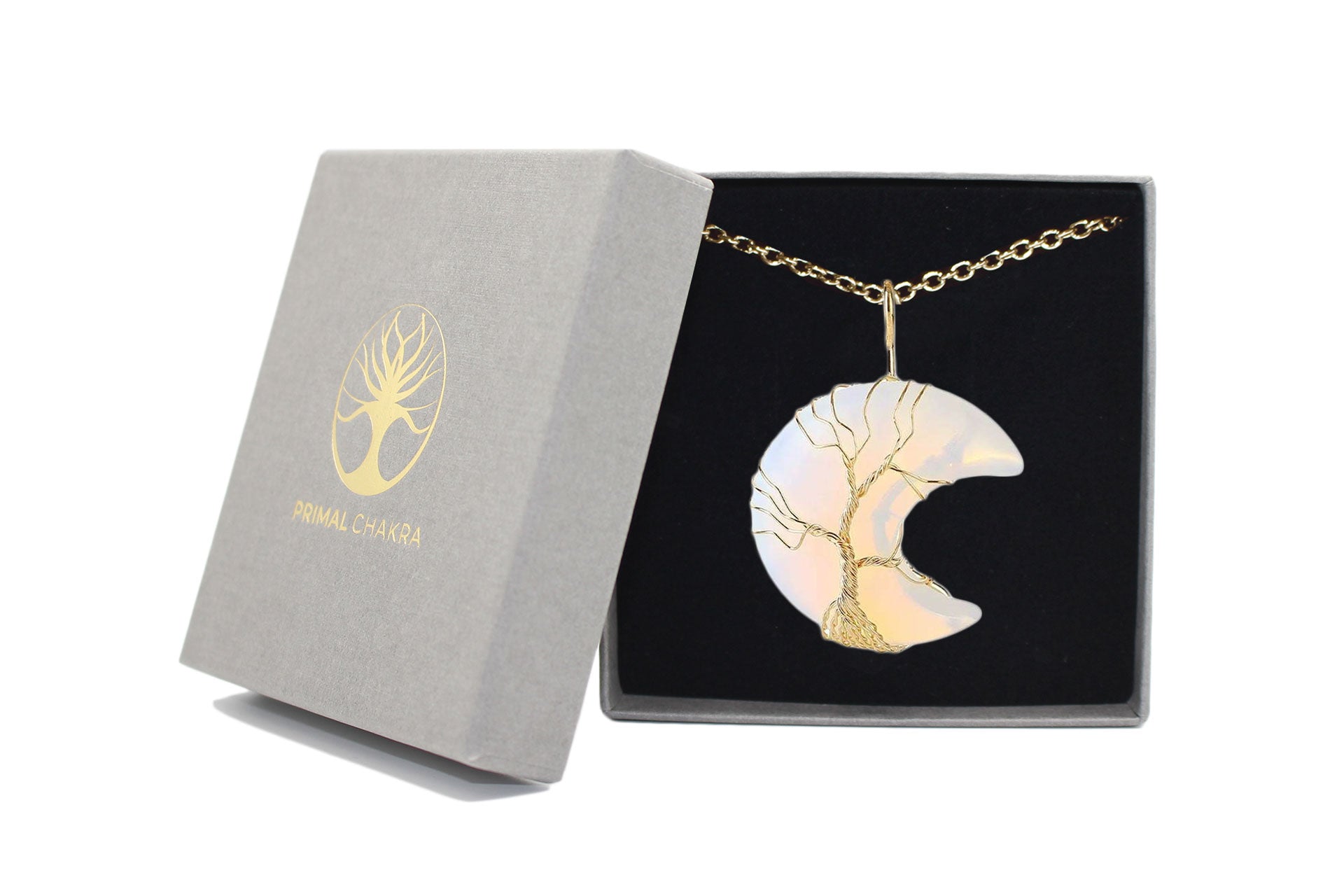 Opal Crystal Crescent Moon Pendant with Gold Chain Primal Chakra