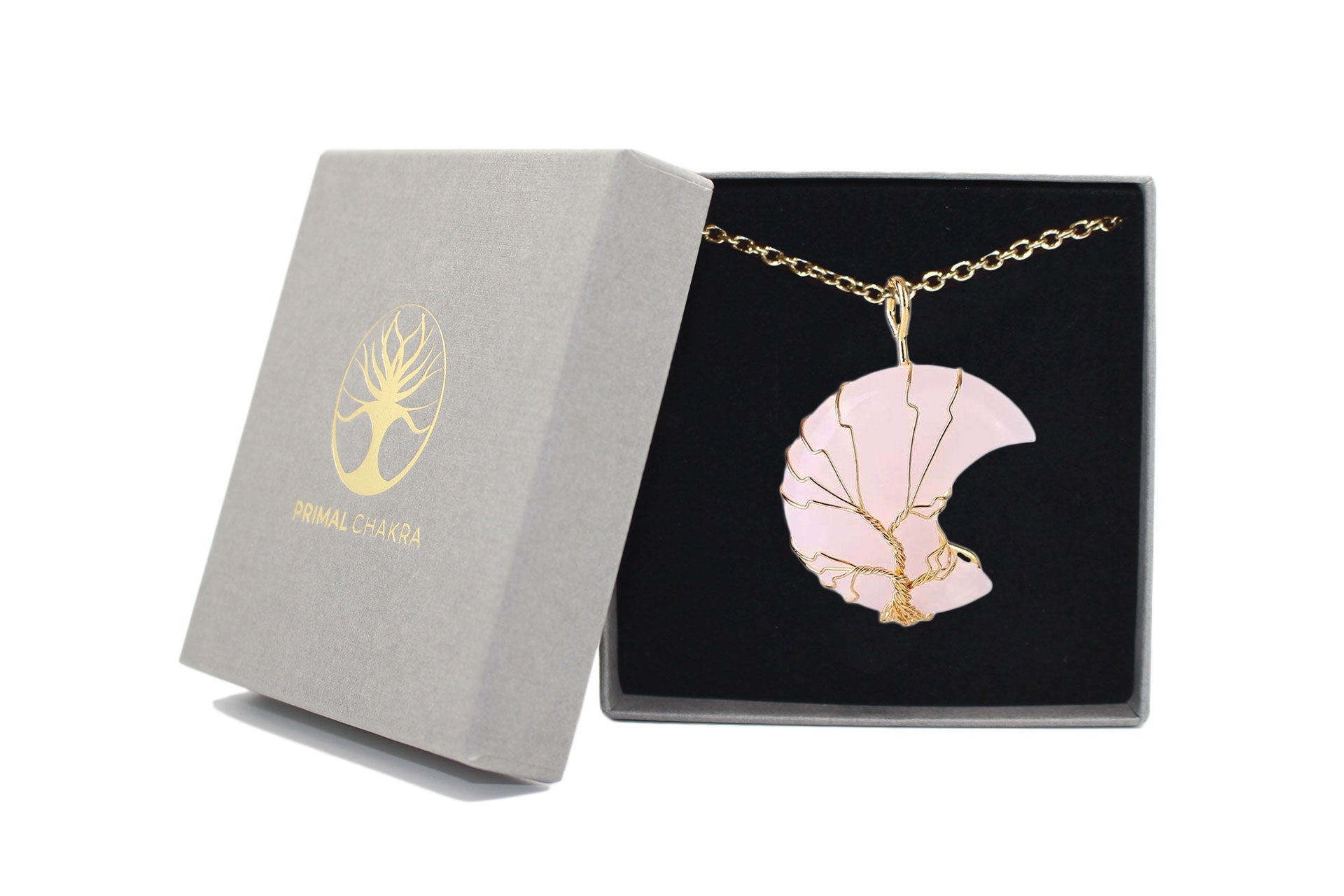 Rose Quartz Crystal Crescent Moon Pendant with Gold Chain Primal Chakra