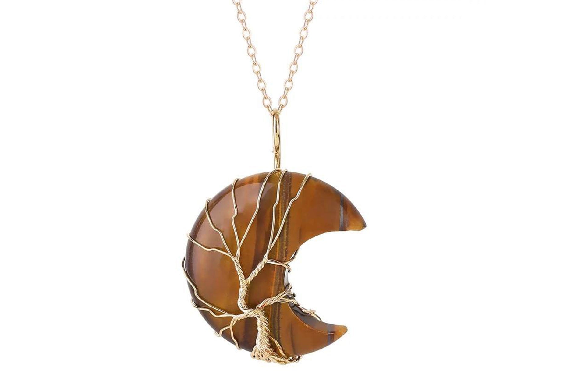Tiger Eye Crystal Crescent Moon Pendant with Gold Chain Primal Chakra