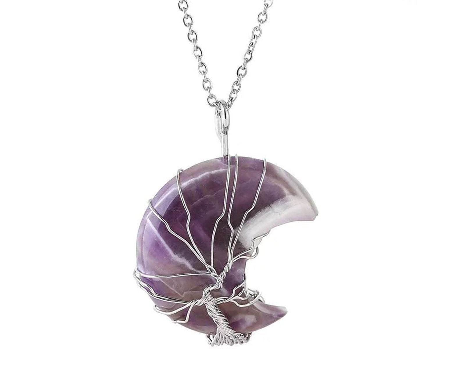 Amethyst Crystal Crescent Moon Pendant with Silver Chain Primal Chakra