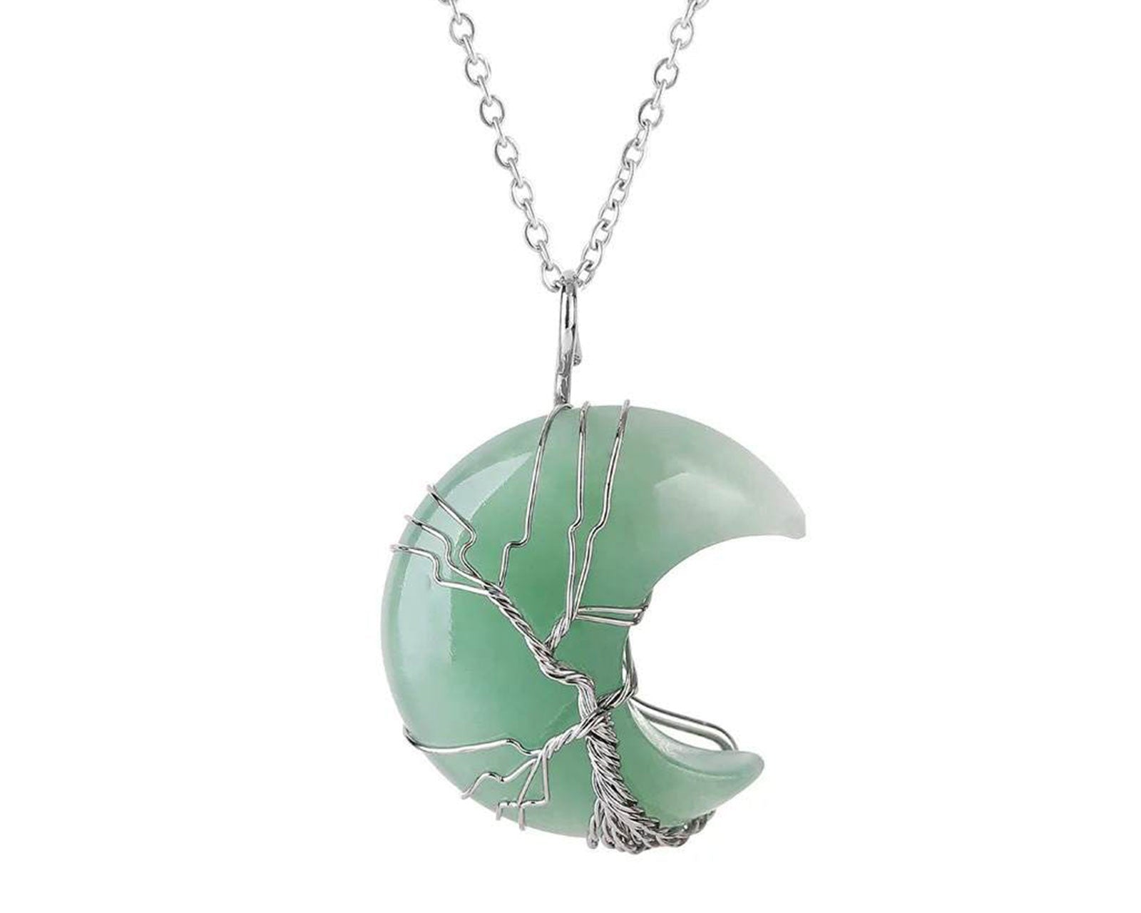 Green Aventurine Crystal Crescent Moon Pendant with Silver Chain Primal Chakra