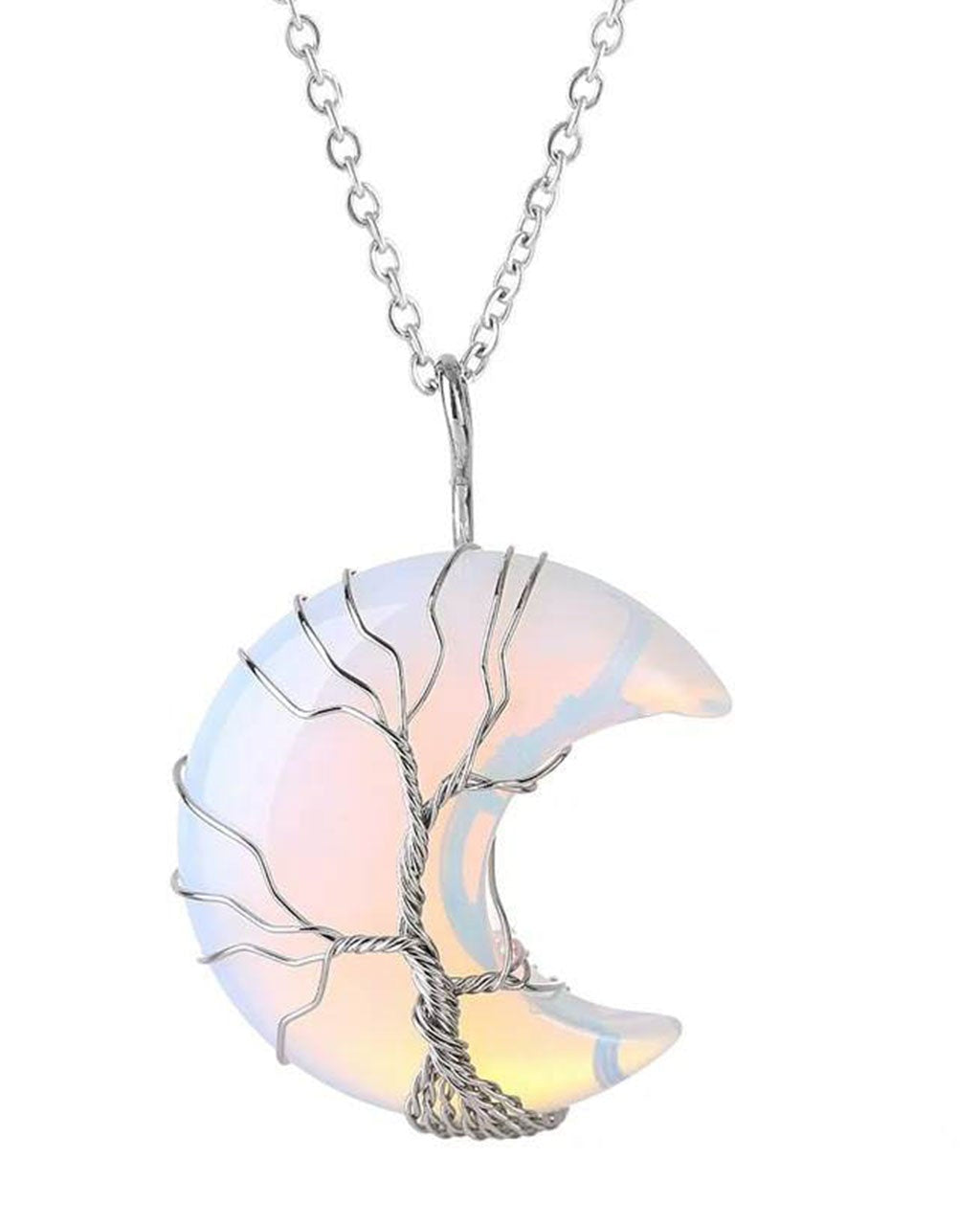 Opal Crystal Crescent Moon Pendant with Silver Chain Primal Chakra
