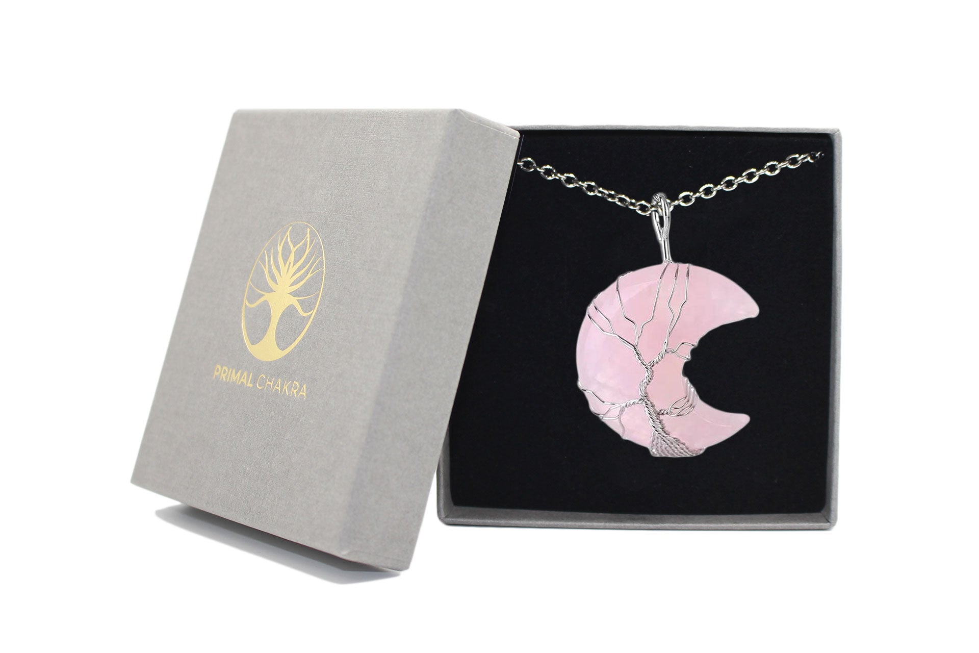 Rose Quartz Crystal Crescent Moon Pendant with Silver Chain Primal Chakra