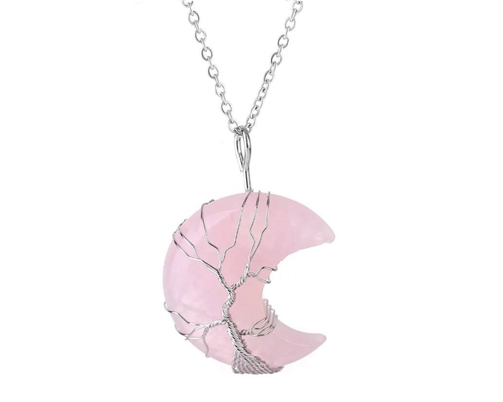 Rose Quartz Crystal Crescent Moon Pendant with Silver Chain Primal Chakra