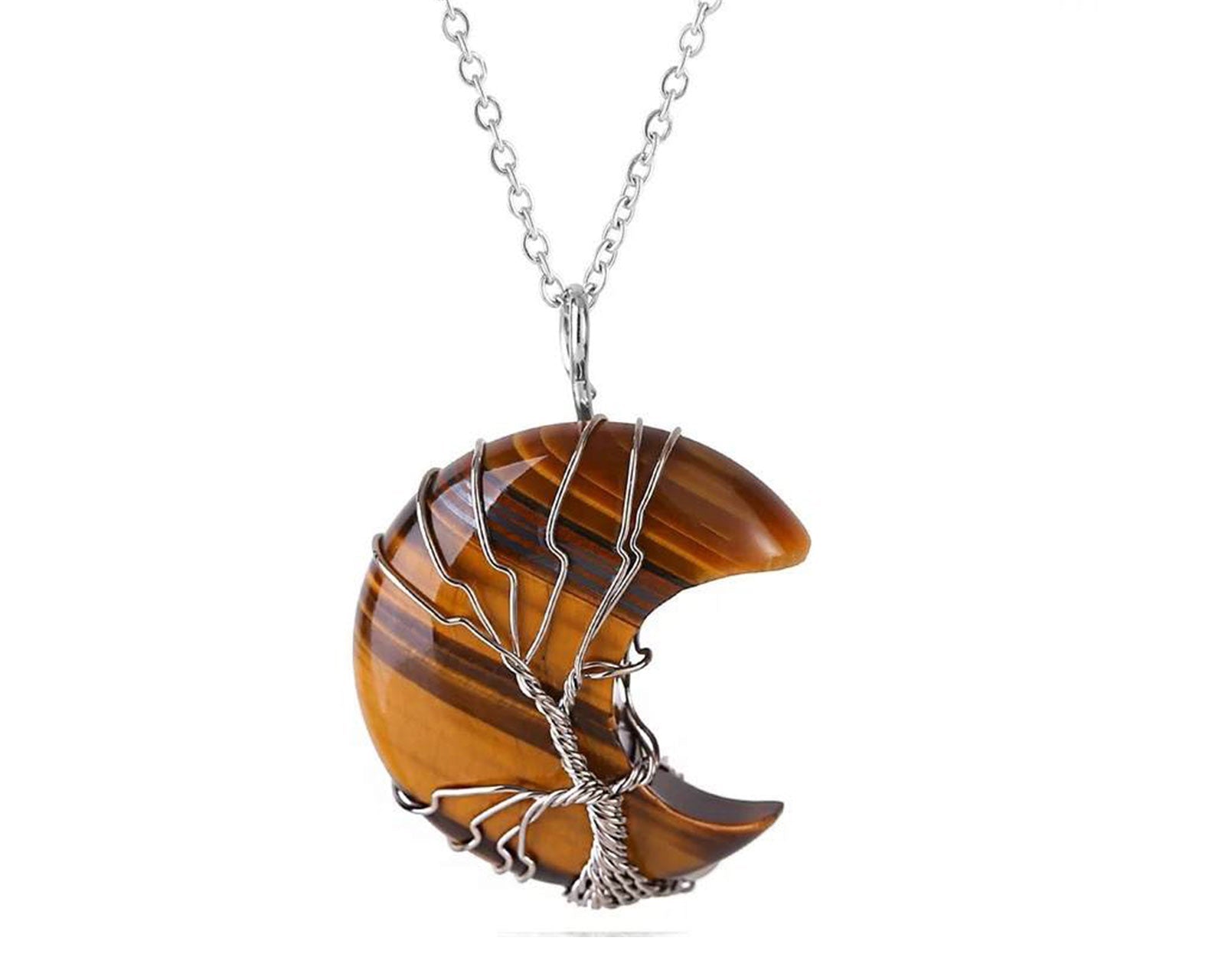 Tiger Eye Crystal Crescent Moon Pendant with Silver Chain Primal Chakra
