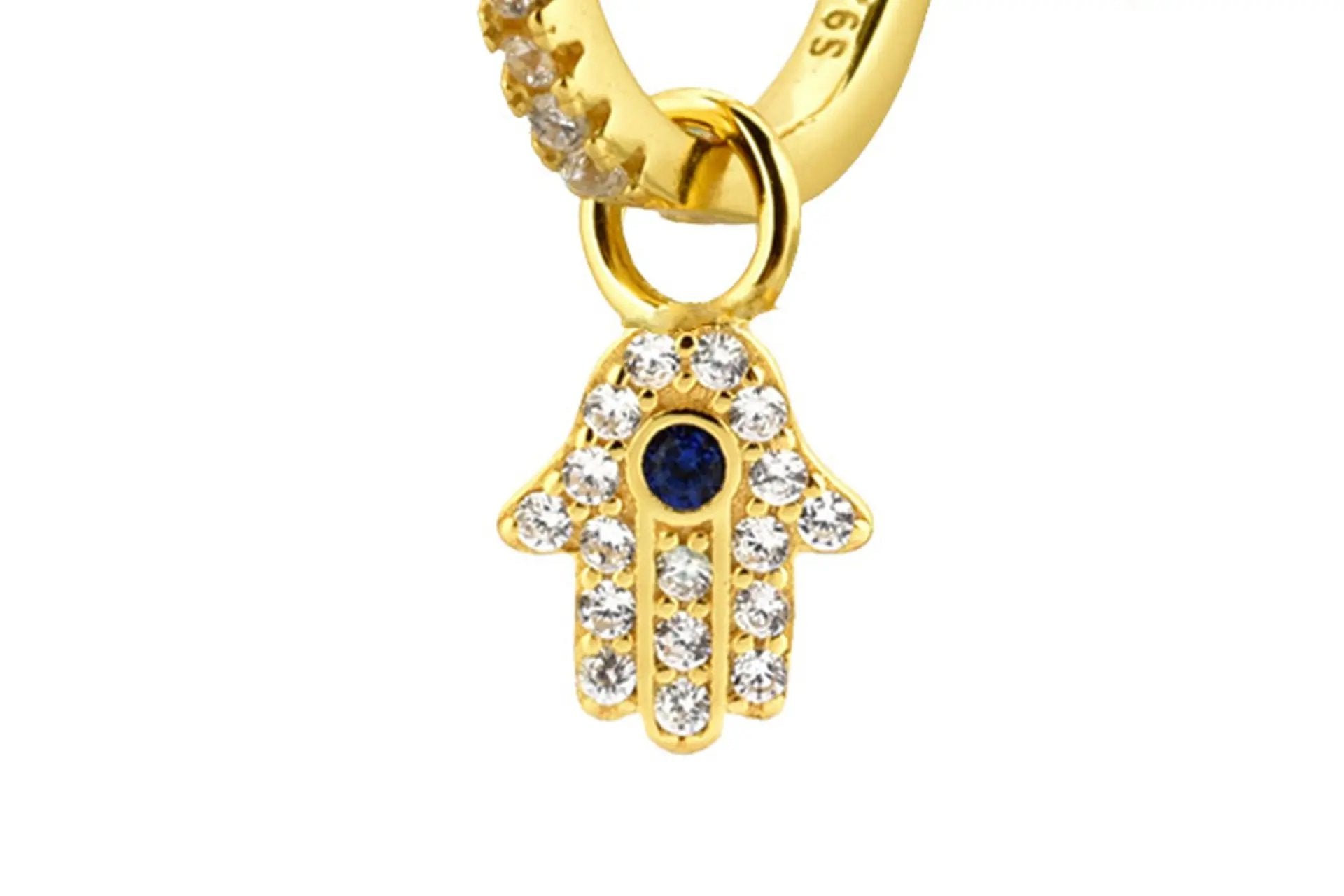 18K Gold Plated Hamsa Hand Drop Earrings With Blue Cubic Zirconia Primal Chakra