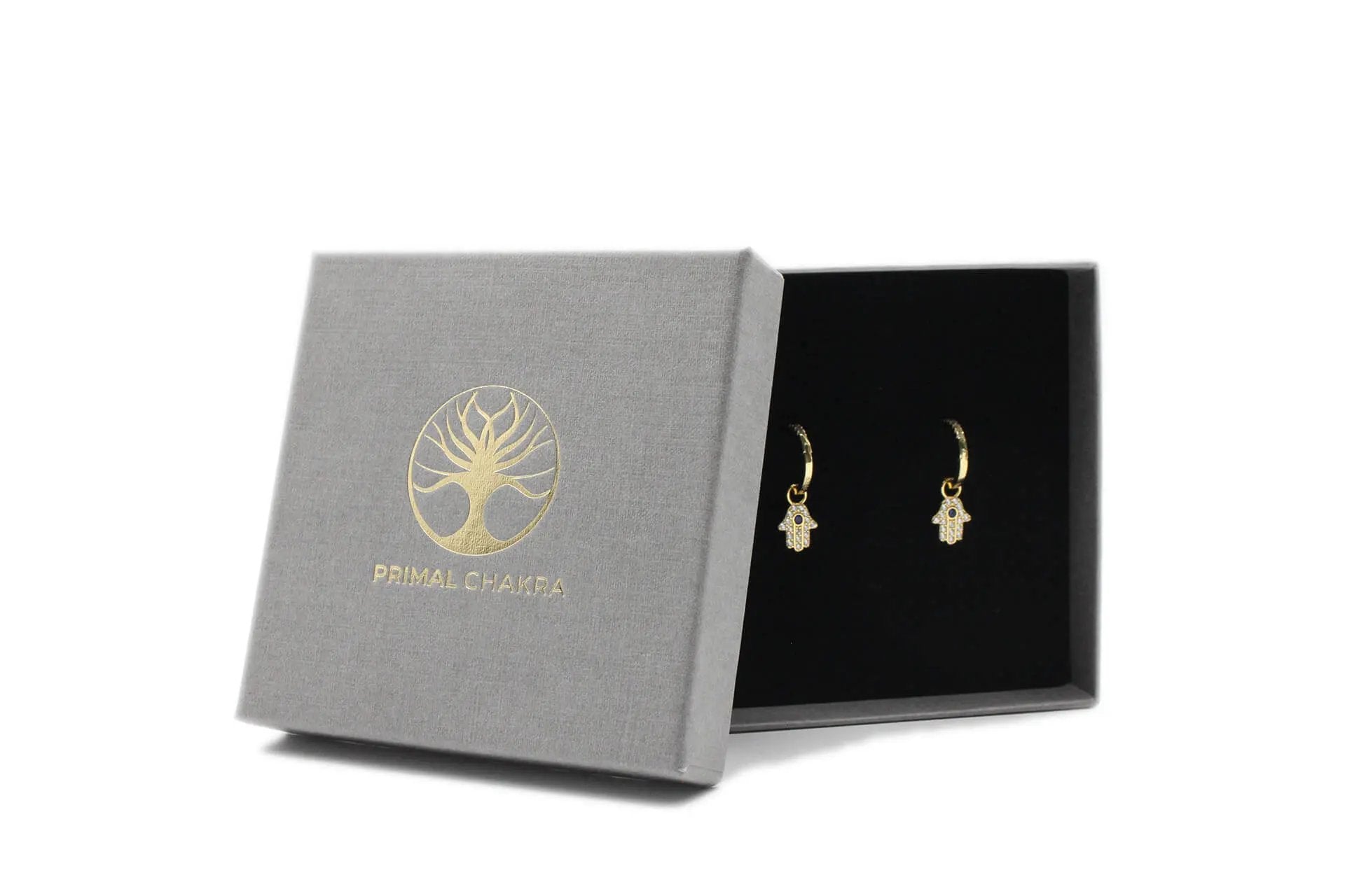 18K Gold Plated Hamsa Hand Drop Earrings With Blue Cubic Zirconia Primal Chakra