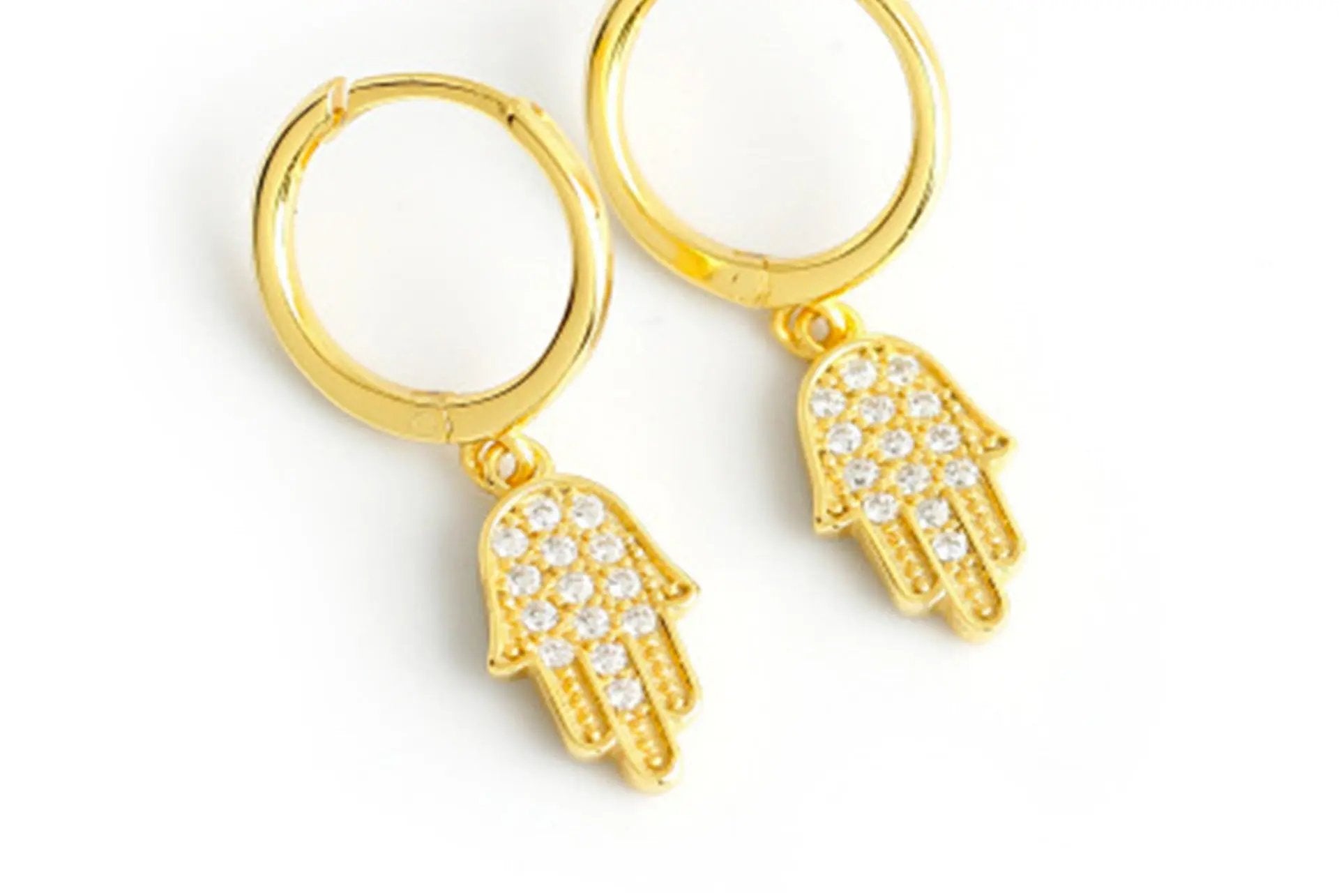 18K Gold Plated Hamsa Hand Drop Earrings With White Zirconia Embellishment Primal Chakra