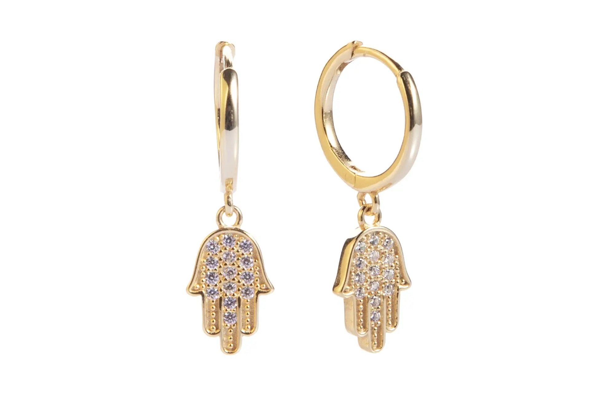 18K Gold Plated Hamsa Hand Drop Earrings With White Zirconia Embellishment Primal Chakra