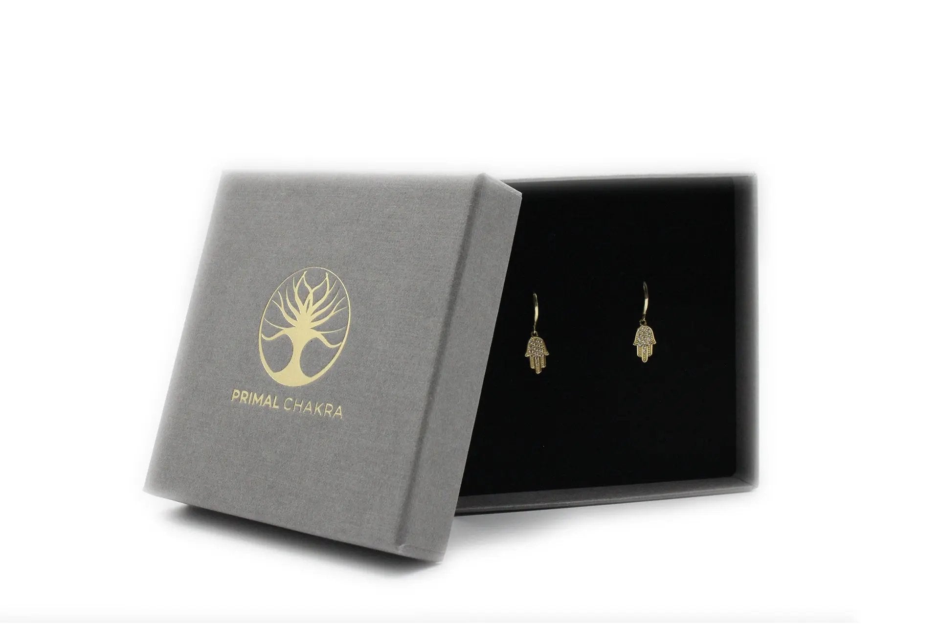 18K Gold Plated Hamsa Hand Drop Earrings With White Zirconia Embellishment Primal Chakra
