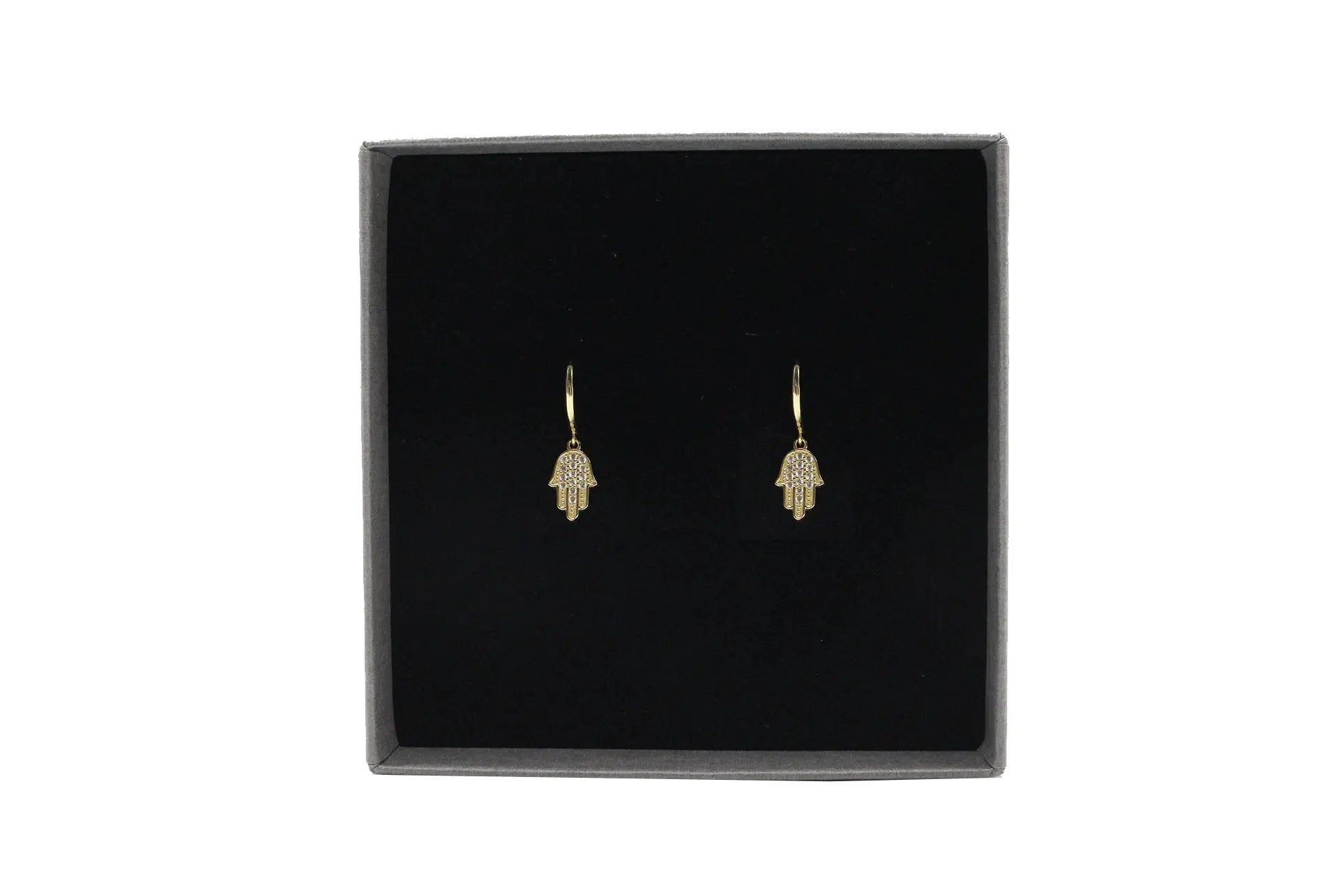 18K Gold Plated Hamsa Hand Drop Earrings With White Zirconia Embellishment Primal Chakra