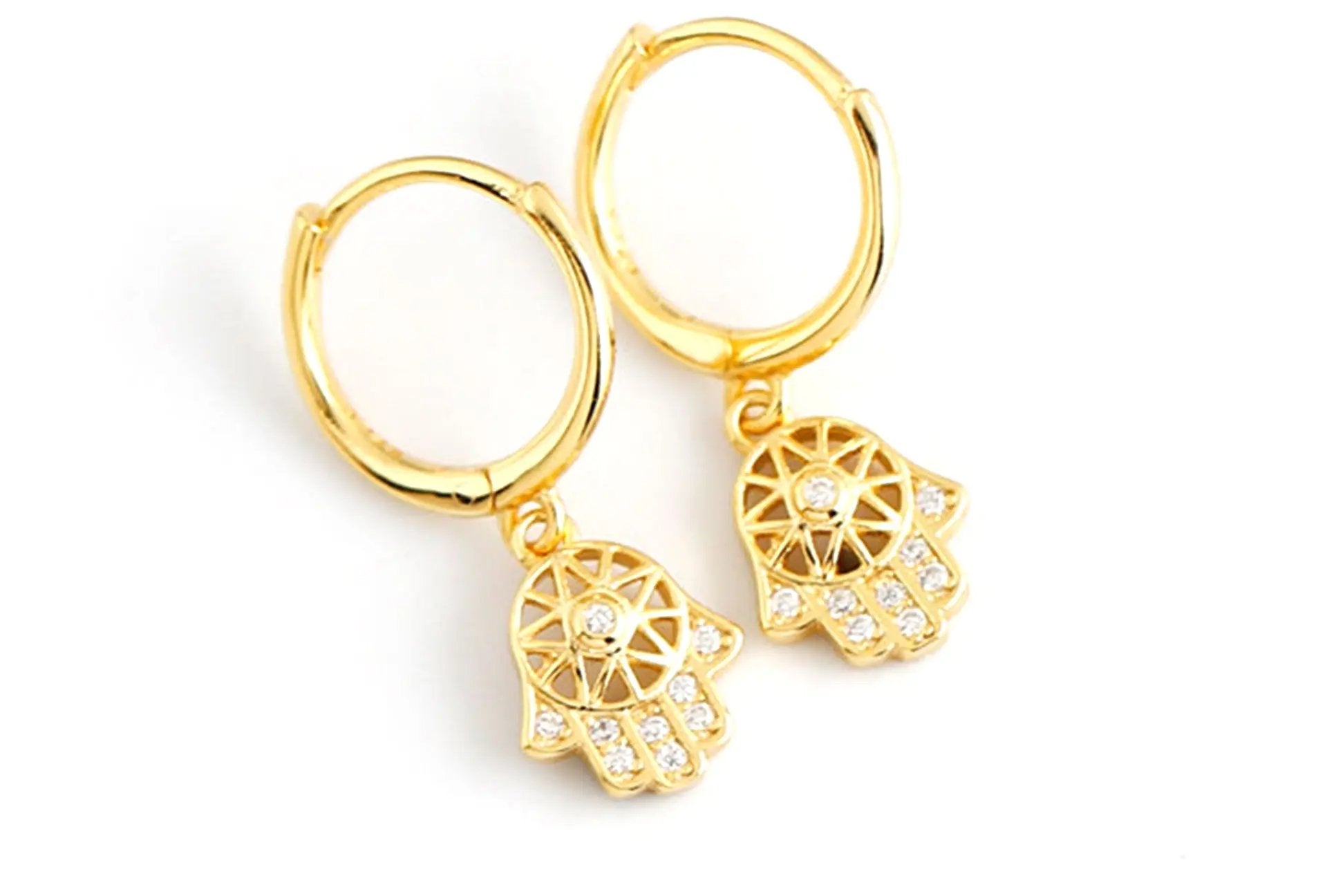 18K Gold Plated Hamsa Hand Cut Out Drop Earrings With White Zirconia Embellishment Primal Chakra