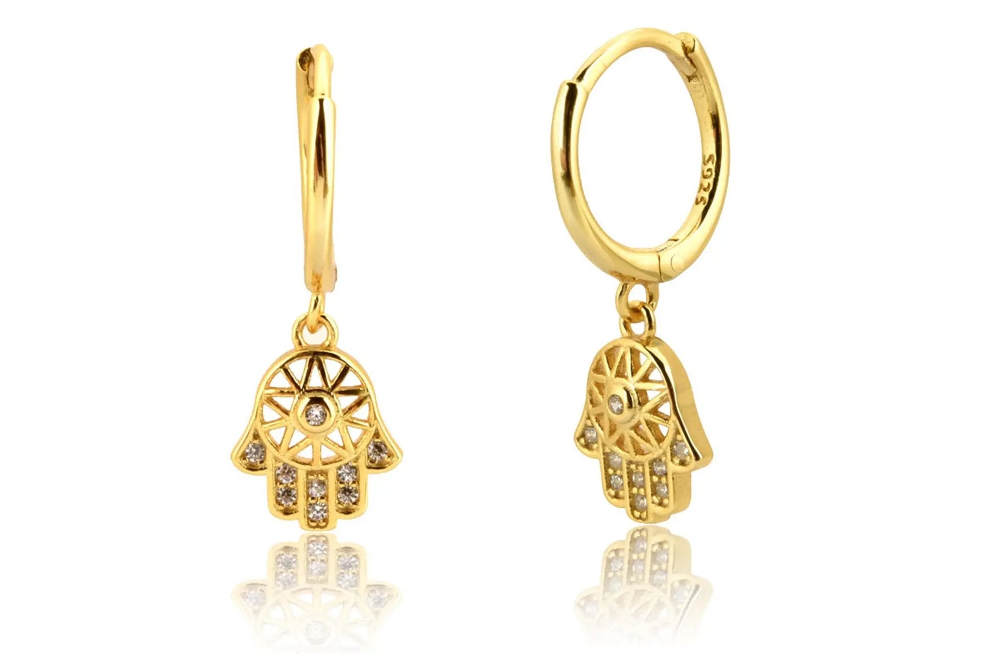 18K Gold Plated Hamsa Hand Cut Out Drop Earrings With White Zirconia Embellishment Primal Chakra