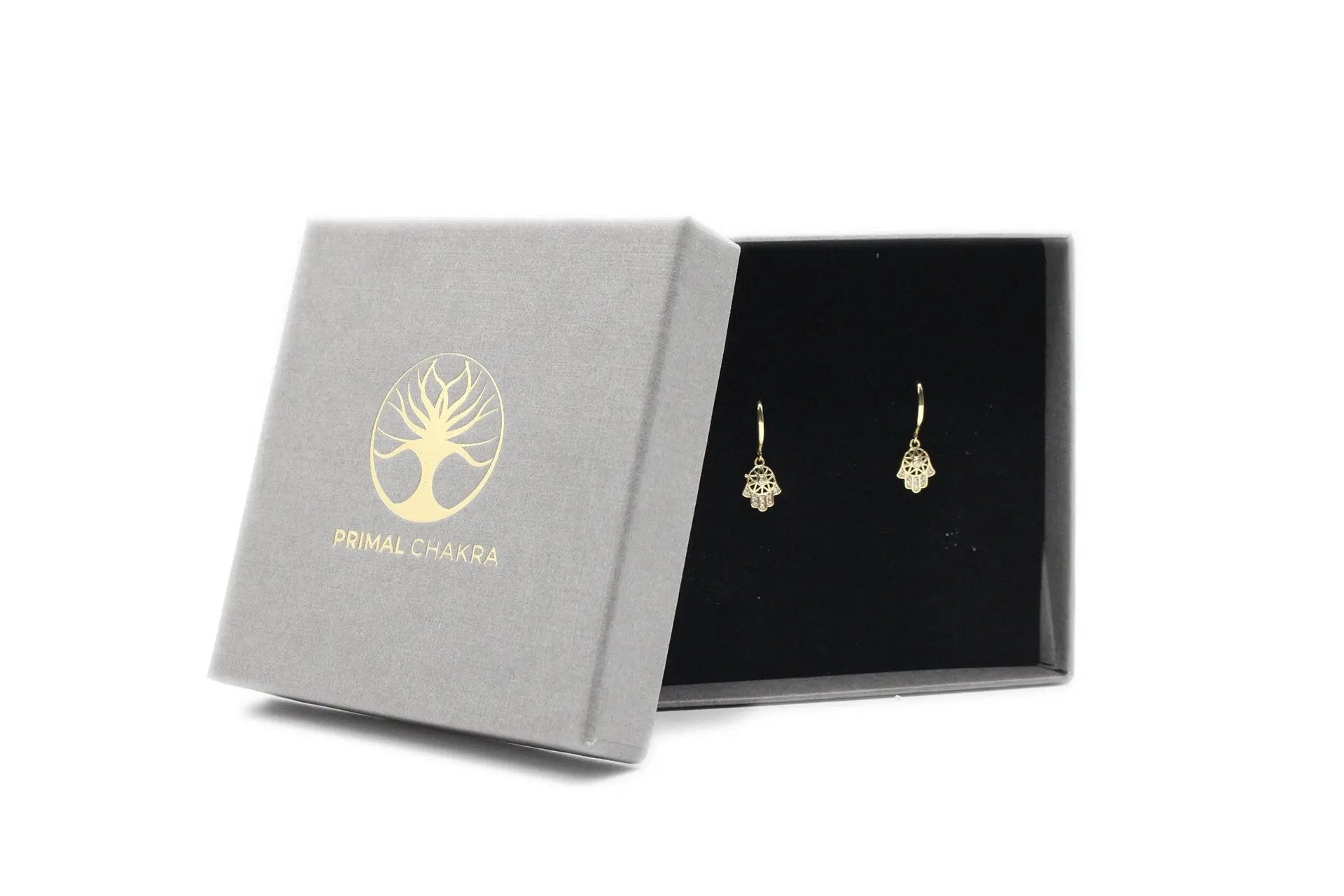 18K Gold Plated Hamsa Hand Cut Out Drop Earrings With White Zirconia Embellishment Primal Chakra
