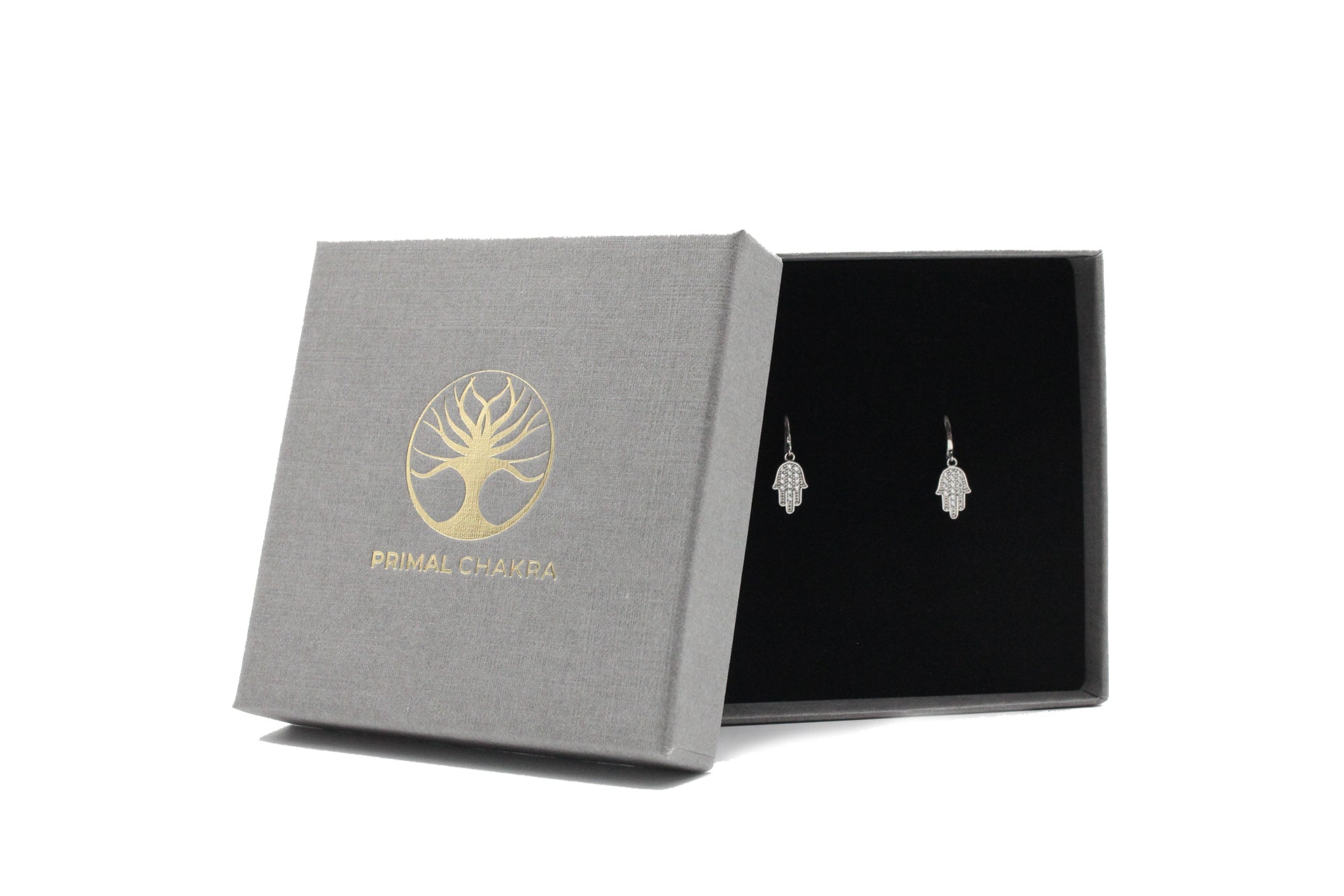 Platinum Plated Hamsa Hand Drop Earrings With White Zirconia Embellishment Primal Chakra