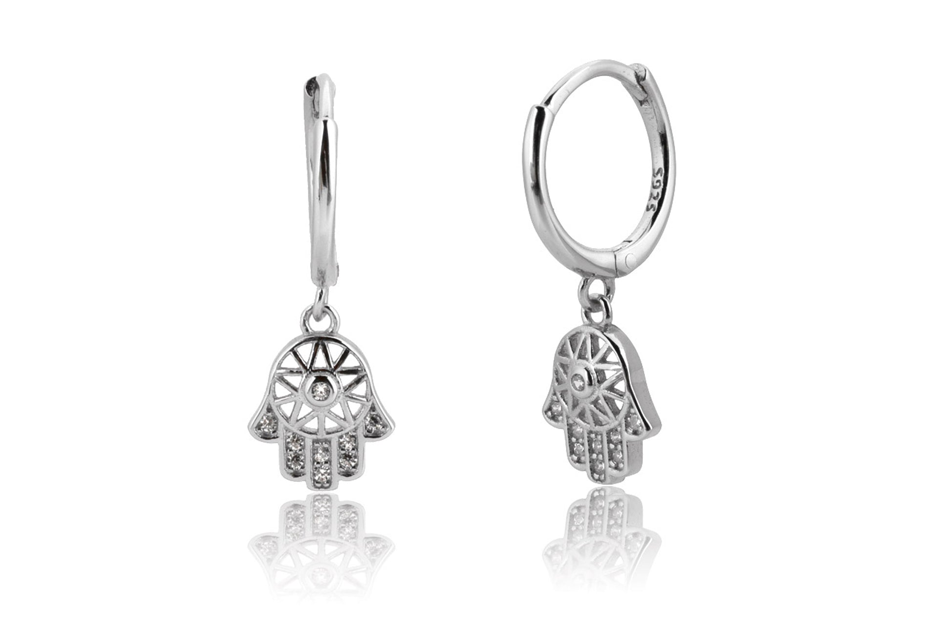 Platinum Plated Hamsa Hand Cut Out Drop Earrings With White Zirconia Embellishment Primal Chakra